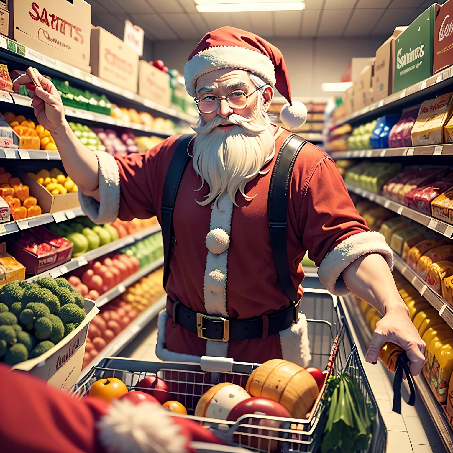 prompt of a cheerful Santa Claus grocery shopping at the store, supermarket. The Santa Claus has detailed eyes and a joyful expression on his face. He wears a red and white Santa Claus costume with a big, fluffy white beard. The store is filled with colorful, festive decorations and vibrant holiday-themed displays. Shelves are stocked with various groceries, including fruits, vegetables, canned goods, and snacks. The aisles are well-lit with bright studio lighting, showcasing the products in their best appearance. The supermarket has a warm and inviting atmosphere, with cheerful music playing in the background. The checkout counters are busy with other shoppers, creating a lively and bustling scene. Santa Claus is seen pushing a shopping cart filled with presents and groceries, spreading holiday cheer as he goes. The supermarket employees and other shoppers are smiling and interacting with Santa Claus, adding to the joyful atmosphere. The color palette of the prompt is vibrant and festive, with reds, greens, and golds dominating the scene. The lighting is bright and well-balanced, enhancing the details and colors of the products and decorations.