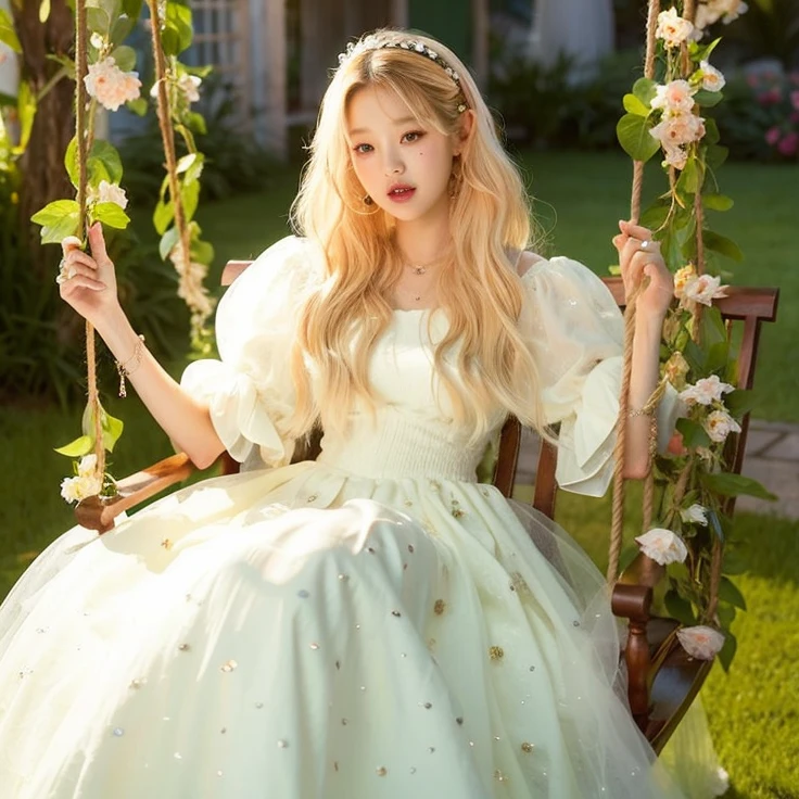 Mujer arafed con un vestido blanco sentada en un columpio., Parque Roseanne de Blackpink, Lalisa Manobal, Lalisa Manoban de Blackpink, ethereal fairy tale, very magical and dreamy, Rubia - Princesa de pieles, lovely languid princess, dreamy and ethereal, Sonriendo como una reina de las hadas, Jossi de Blackpink, spring day, ethereal and dreamy