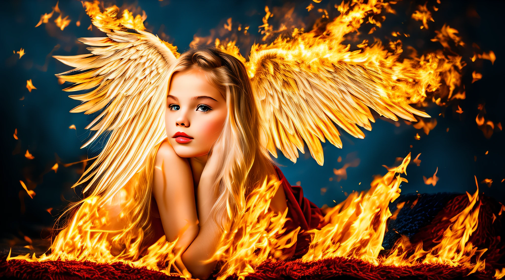 best quality, 4k, (foco nítido: 1.1), Detalhe realista, child angel with blonde hair, fantasia, fantasia portrait, fire, (wings made of fire: 1.3), ouro gravado, halo made of fire, night sky,