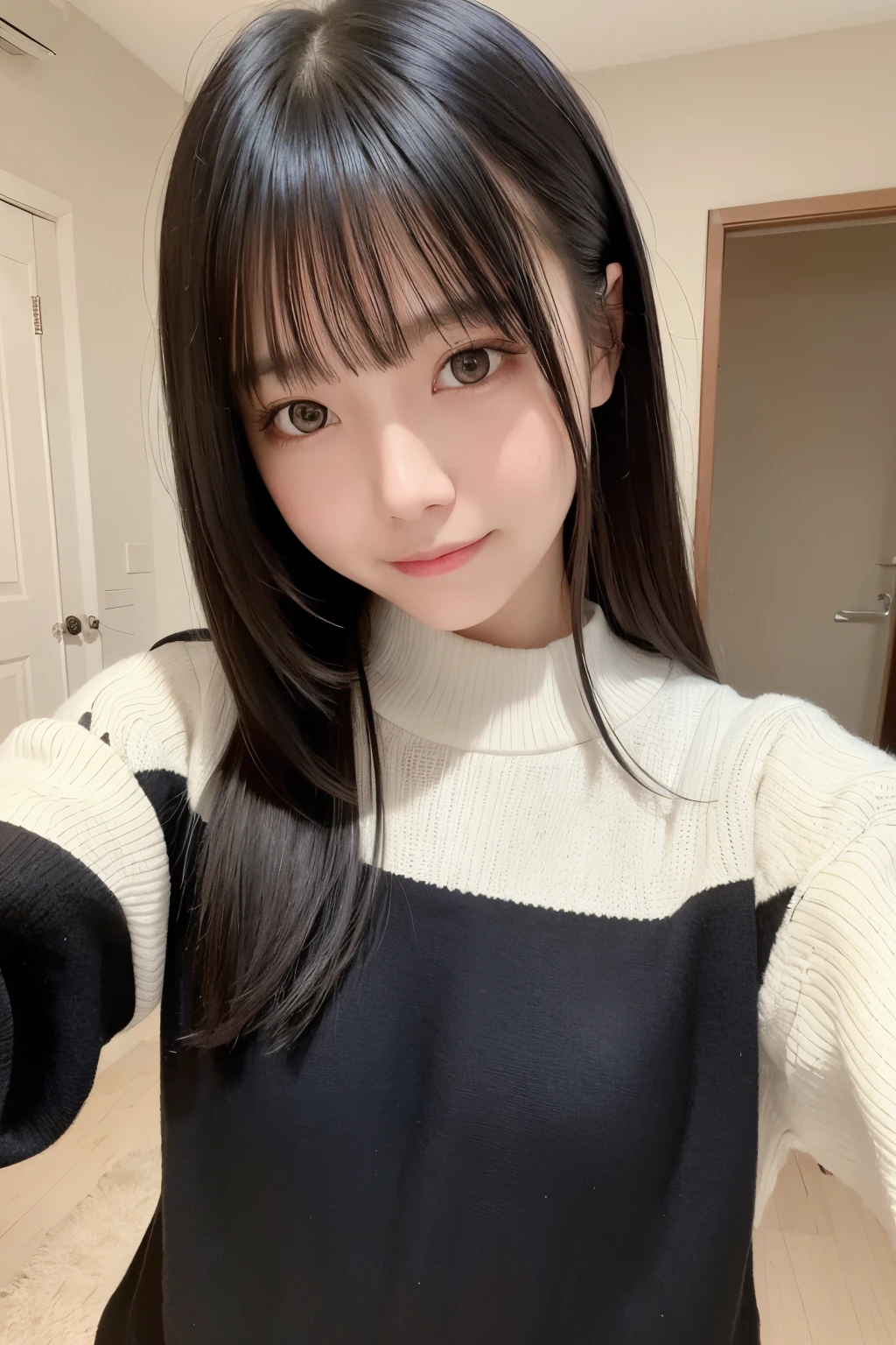 masterpiece, best quality, 1girl, solo, black hair, realistic, long hair, sweater, smile, bangs, bedroom, closed mouth, upper body, hime cut, selfie