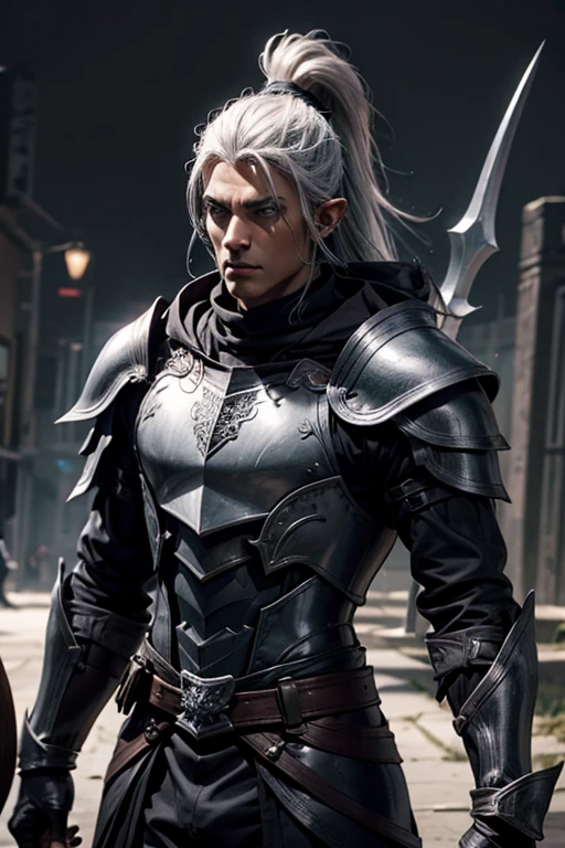 a dark elf, archer, black skin, gray hair, , using a animal leather armour