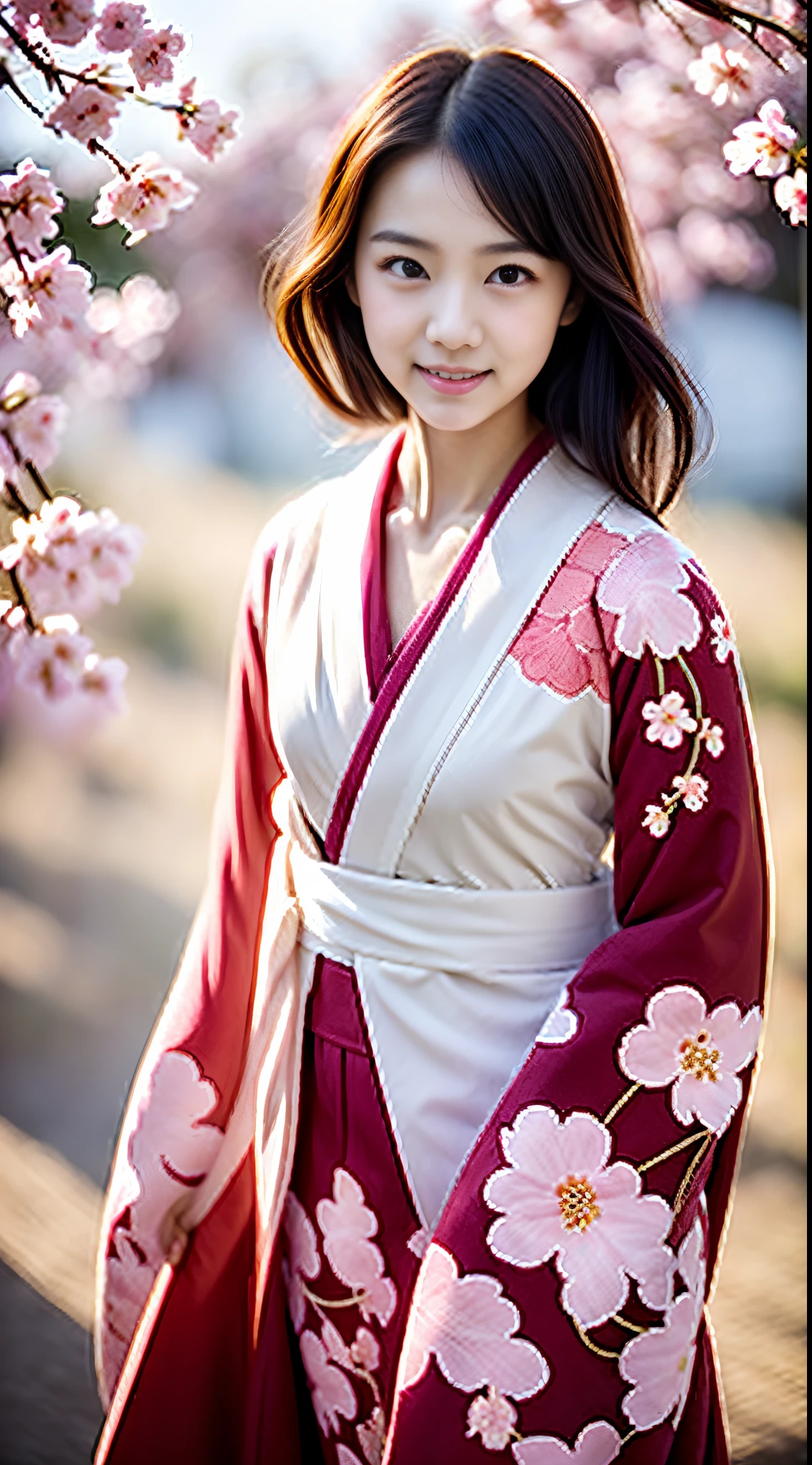 ((Kimono))、((Bright cherry blossom pattern kimono))、(full body Esbian)、(top-quality,​masterpiece:1.4、超A high resolution)、(ultra-detailliert、Caustics)、(Photorealsitic:1.4、RAW shooting)、Ultra-realistic capture、A highly detailed、 Skin texture is natural、Single Female、(voluminous hair)、25-years old、The skin looks healthy with an even tone、 Use natural light and color、One Woman、japanes、A dark-haired、Middle hair、(Hair swaying in the wind:1.1)、Light in the eyes、Looking at the camera、