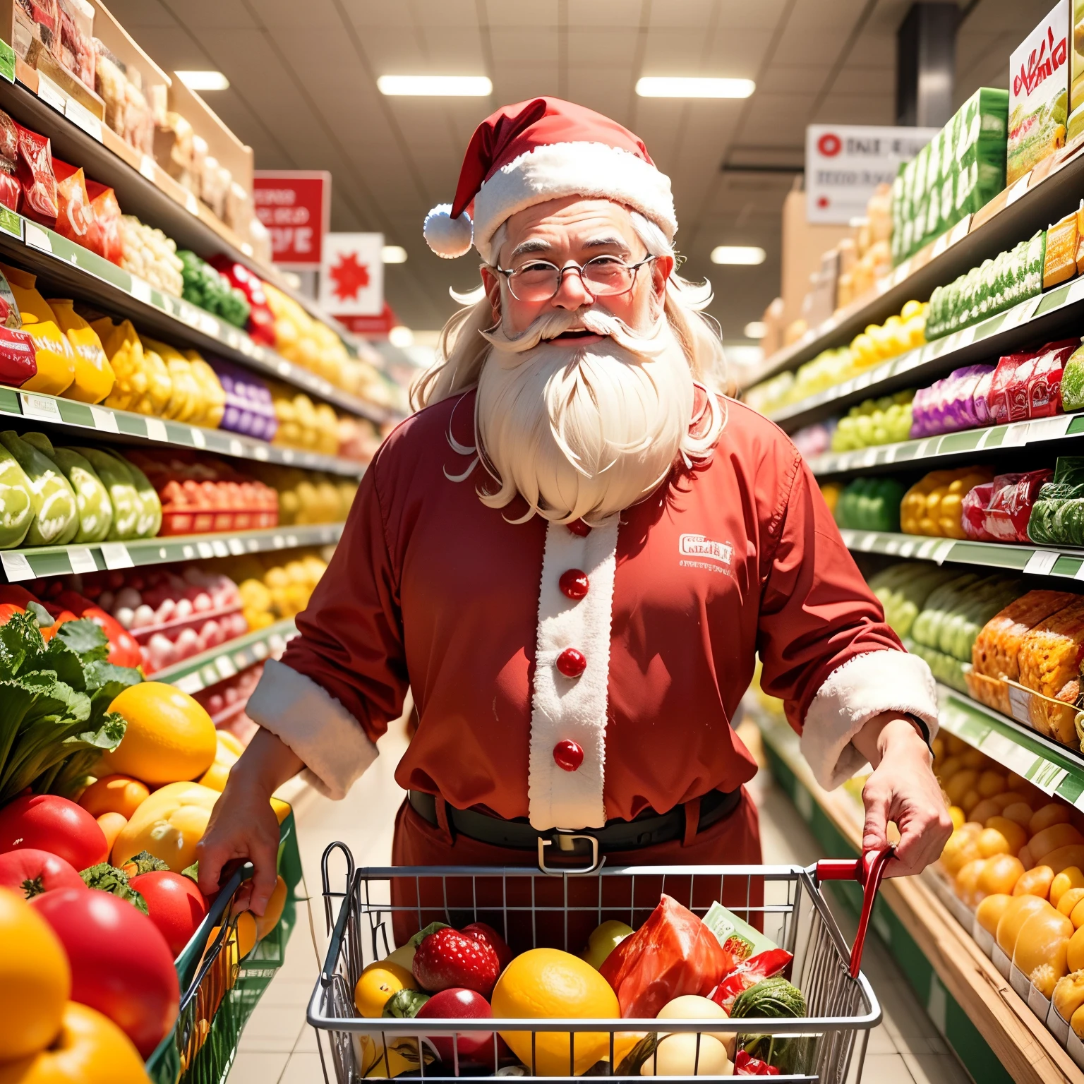 prompt of a cheerful Santa Claus grocery shopping at the store, supermarket. The Santa Claus has detailed eyes and a joyful expression on his face. He wears a red and white Santa Claus costume with a big, fluffy white beard. The store is filled with colorful, festive decorations and vibrant holiday-themed displays. Shelves are stocked with various groceries, including fruits, vegetables, canned goods, and snacks. The aisles are well-lit with bright studio lighting, showcasing the products in their best appearance. The supermarket has a warm and inviting atmosphere, with cheerful music playing in the background. The checkout counters are busy with other shoppers, creating a lively and bustling scene. Santa Claus is seen pushing a shopping cart filled with presents and groceries, spreading holiday cheer as he goes. The supermarket employees and other shoppers are smiling and interacting with Santa Claus, adding to the joyful atmosphere. The color palette of the prompt is vibrant and festive, with reds, greens, and golds dominating the scene. The lighting is bright and well-balanced, enhancing the details and colors of the products and decorations.