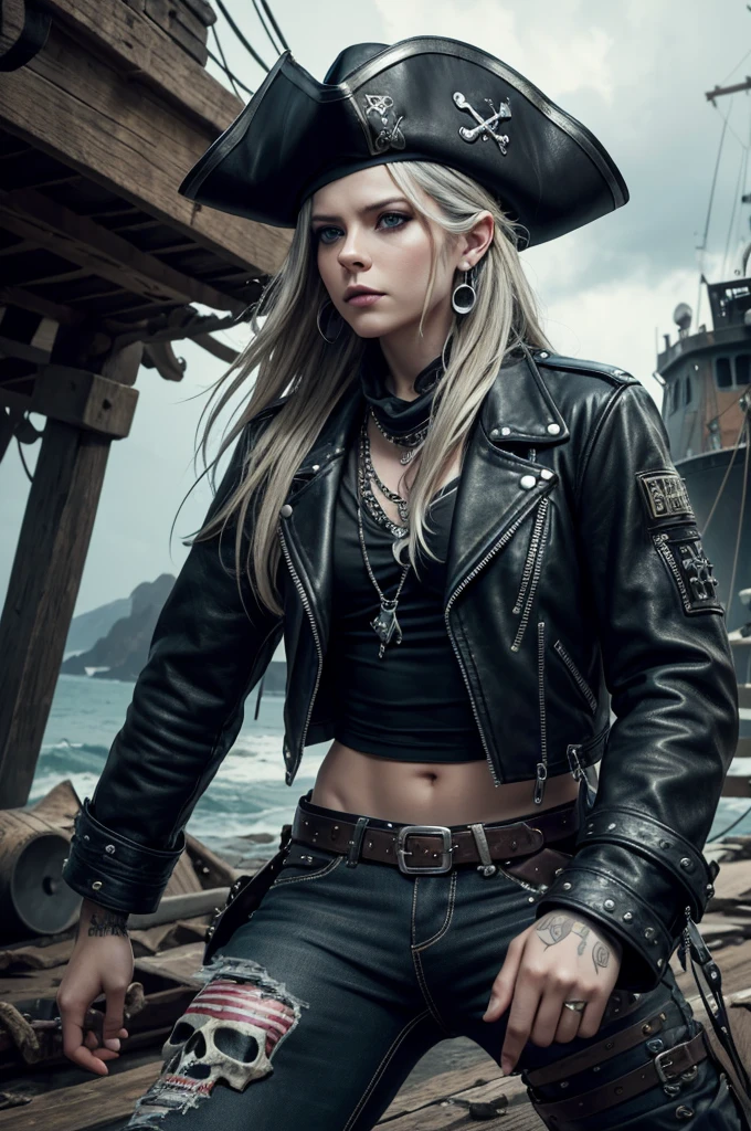 Avril Lavigne,pirate
(best quality,4k,8k,highres,masterpiece:1.2),ultra-detailed,(realistic,photorealistic,photo-realistic:1.37),HD,HDR,UHD,studio lighting,ultra-fine painting,sharp focus,physically-based rendering,extreme detail description,professional,vivid colors,bokeh,portrait,punk,pirate,rockstar,skull,tricorn hat,bandana,silver earrings,fierce expression,dark makeup,long hair flowing,eye-catching outfit,leather jacket,black boots,rugged jeans,graffiti background,shipwreck,hidden treasure,swashbuckling,action pose,stormy sea,commanding presence,edgy,vibrant colors,contrast lighting,emotionally charged,electric guitar,song lyrics in the background,rock and roll spirit