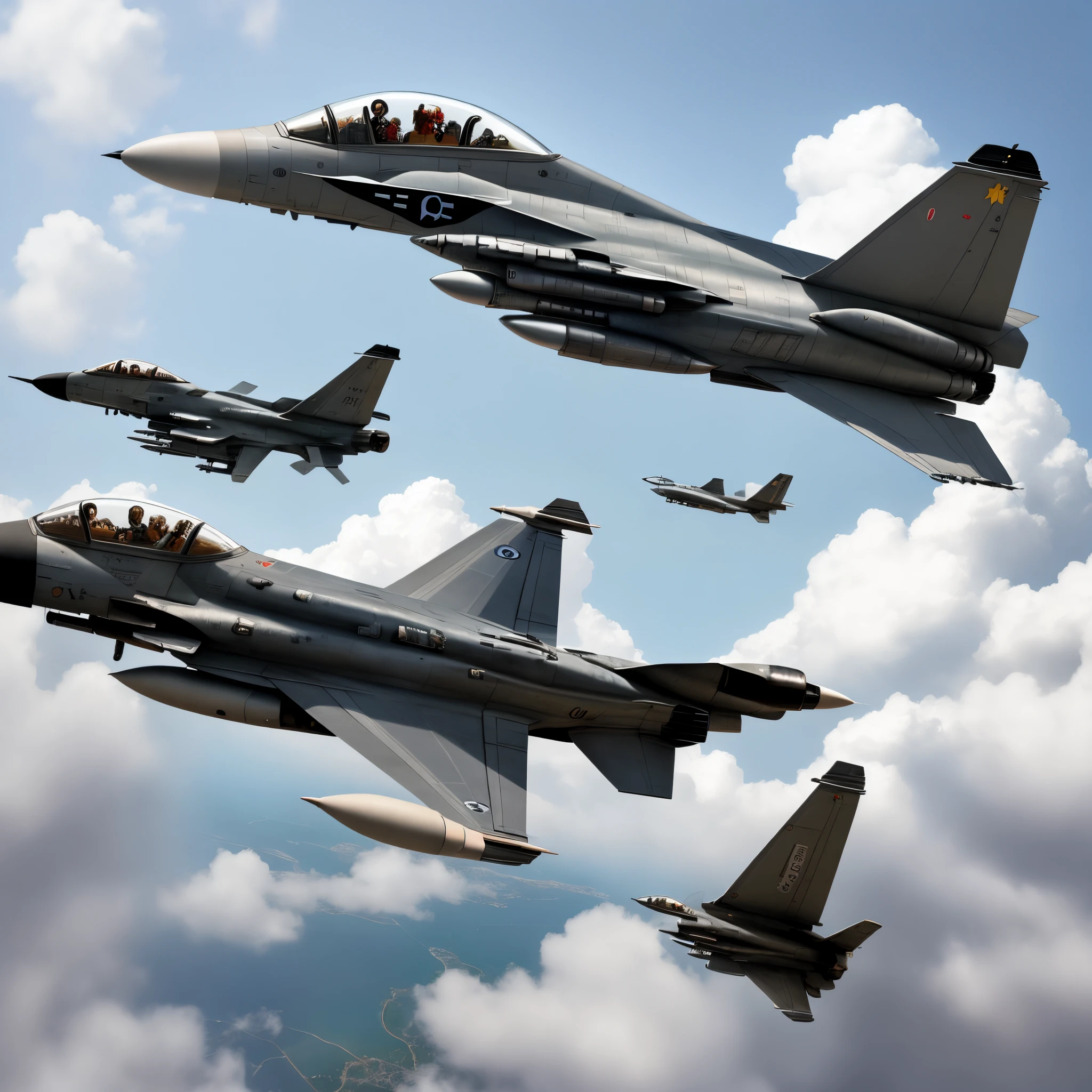 Five angels fly towards a fighter jet