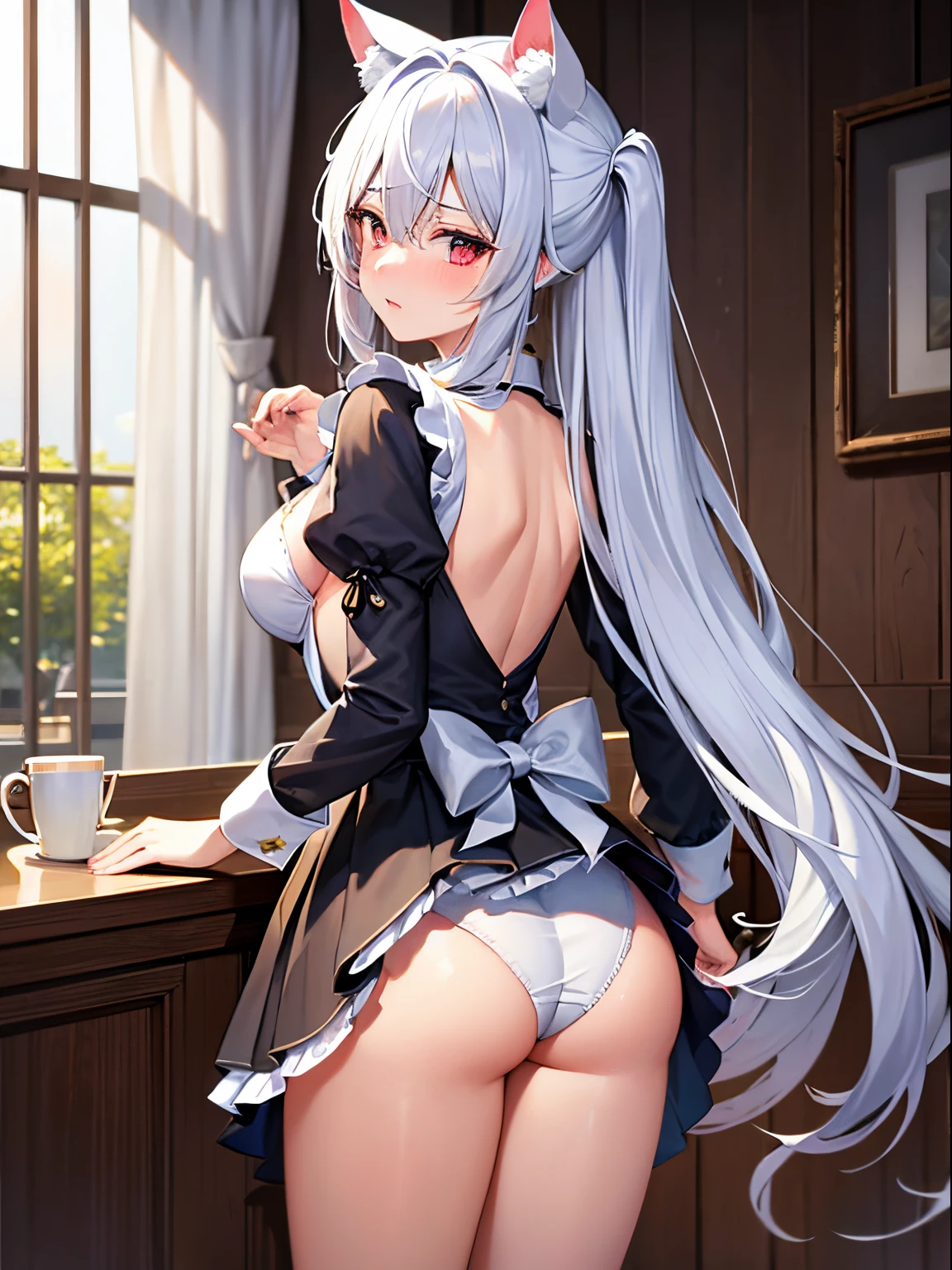 Best Quality, ultra-detailliert, illustartion, silver haired, Aimei,,embarrassed by,red blush,scratches the back of his head,long haired,cute face,beautiful breasts,Turned,toe,corner, To show your breasts,Take a look at,finely detail,bed、Maids,Cat's ears,Crying, How bright,sit down,,Turned,Skirt from,Back