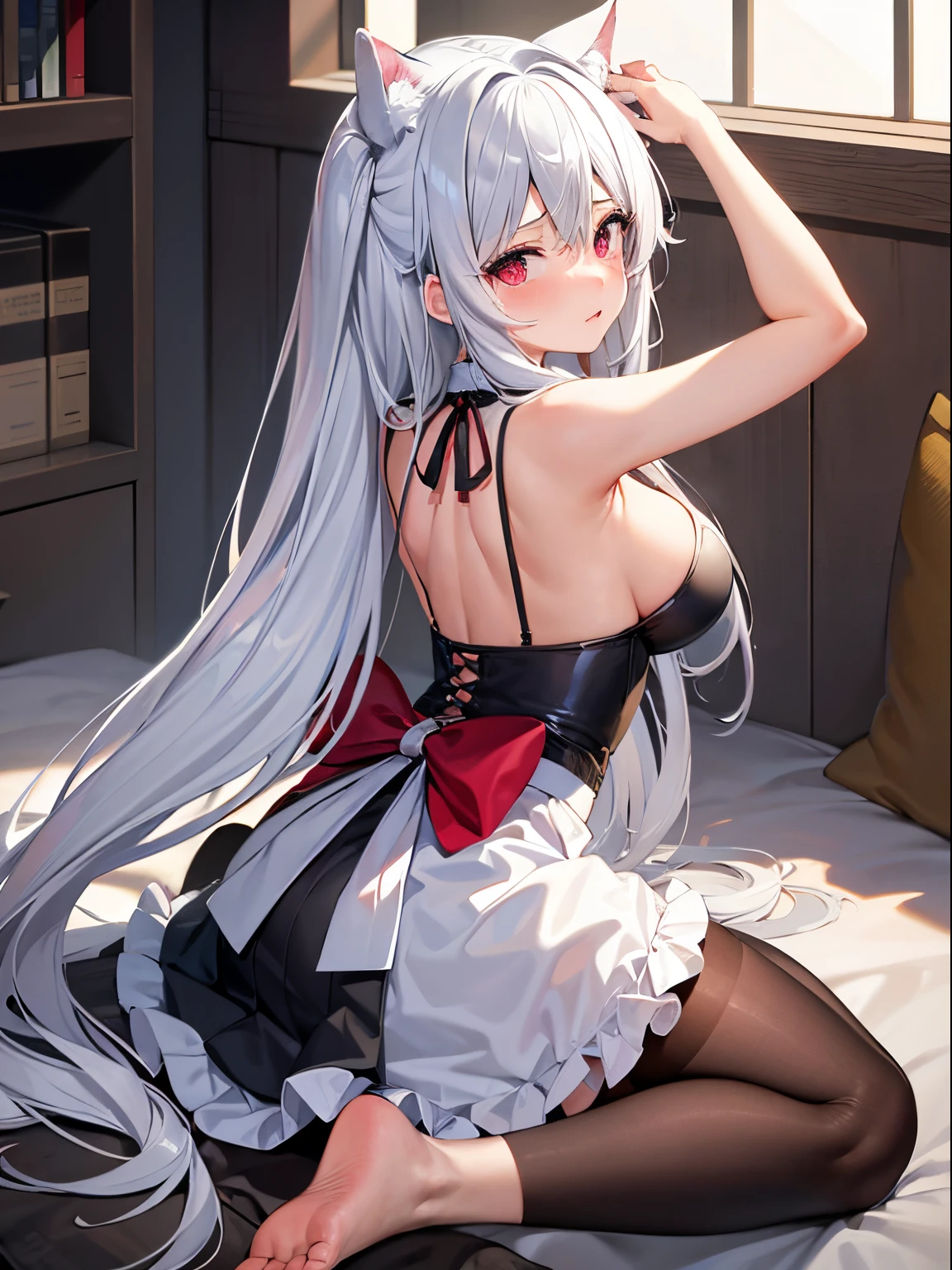 Best Quality, ultra-detailliert, illustartion, silver haired, Aimei,,embarrassed by，red blush，scratches the back of his head，long haired，cute face，beautiful breasts，Turned，toe，corner, To show your breasts，Take a look at，finely detail，bed、Maids，Cat's ears，Crying, How bright，sit down，，Turned，Skirt from，Back