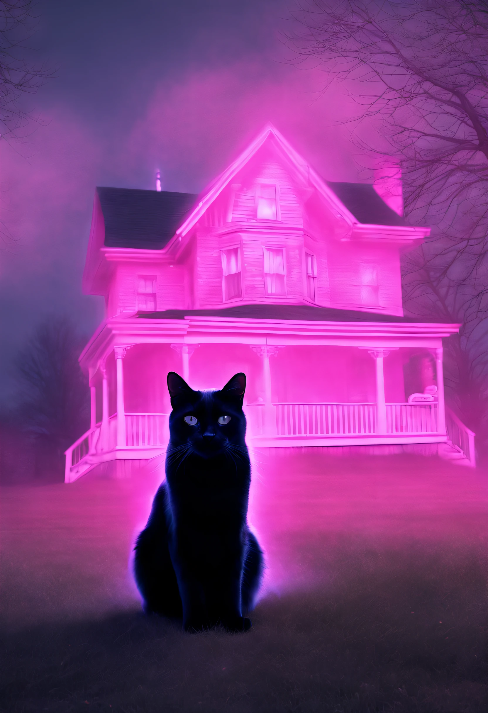 A ghost of a black cat guarding the house lawn, a black cat pink hologram texture, pink translucent spirit of a black cat, spirit of a black cat hologram, low opacity, conceptual art, ghostly form, pink fog around the spirit of the cat, glowing fog intricate ghosty black cat, photorealistic, glowing spirit black cat, photoreal, hyperrealism