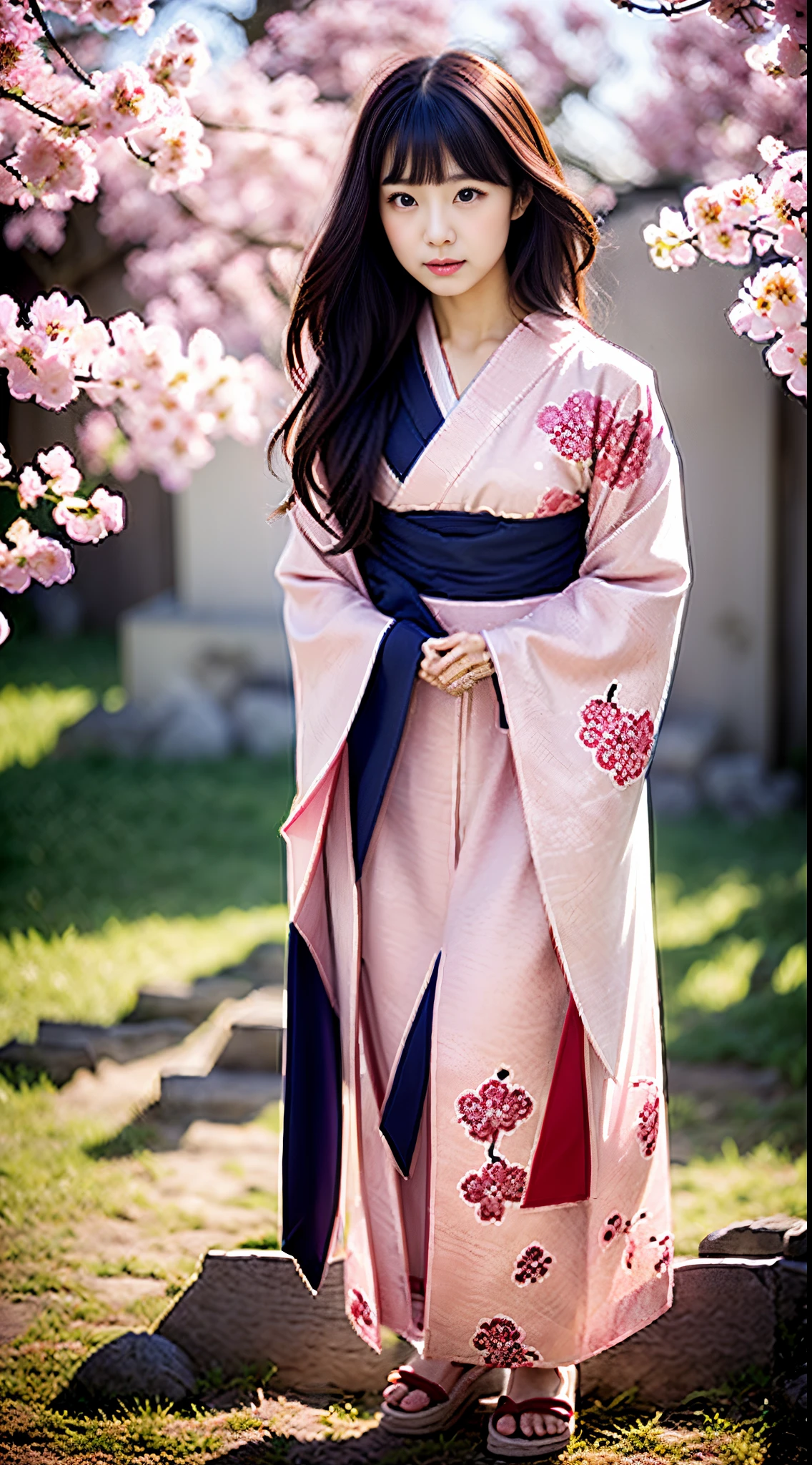 ((Kimono))、((Bright cherry blossom pattern kimono))、(full body Esbian)、（It&#39;s inside the shrine grounds)、(top-quality,​masterpiece:1.4、超A high resolution)、(ultra-detailliert、Caustics)、(Photorealsitic:1.4、RAW shooting)、Ultra-realistic capture、A highly detailed、 Skin texture is natural、Single Female、(voluminous hair)、32years old、The skin looks healthy with an even tone、 Use natural light and color、One Woman、japanes、A dark-haired、Middle hair、(Hair swaying in the wind:1.1)、Light in the eyes、Looking at the camera、