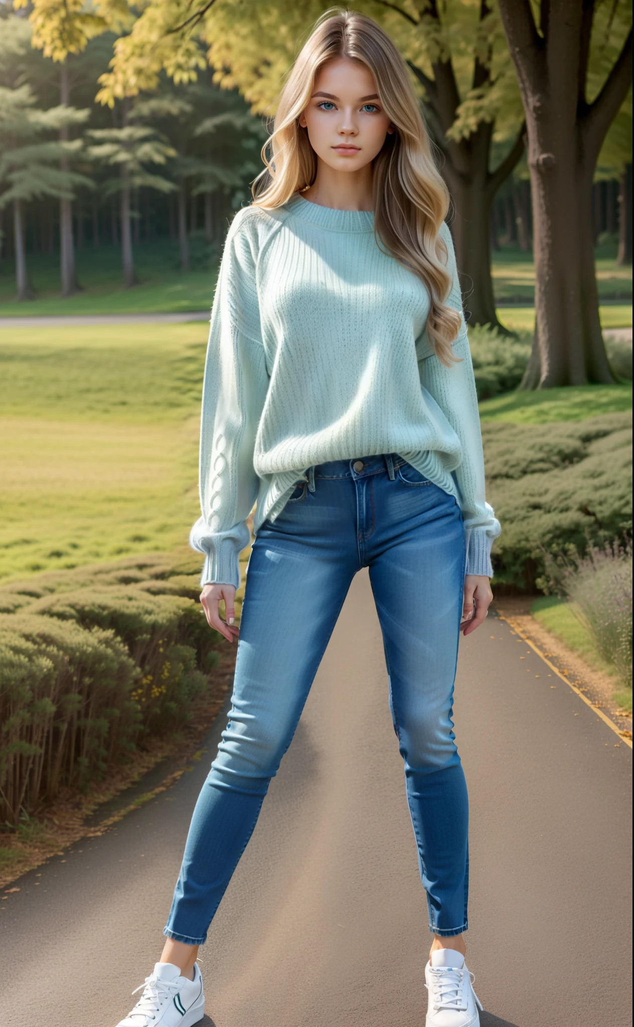 masterpiece, ultra high resolution, highly detailed face, highly detailed eyes, perfect anatomy, super detailed skin, not safe for work, (photorealistic:1.4), UHD,
(dynamic angle, dynamic pose:1.2), outdoors, park, trees and pond, (portrait, legs focus, full body shot), (beautiful face, beautiful eyes, beautiful legs:1.3),
1girl, scandinavian, age 20, (blond hair:1.4), straight hair, forehead, blue eyes, large breast (green sweater:1.4), skinny, wide hips, thin waist, (skinny blue denim pants:1.4), (white sneakers:1.4)