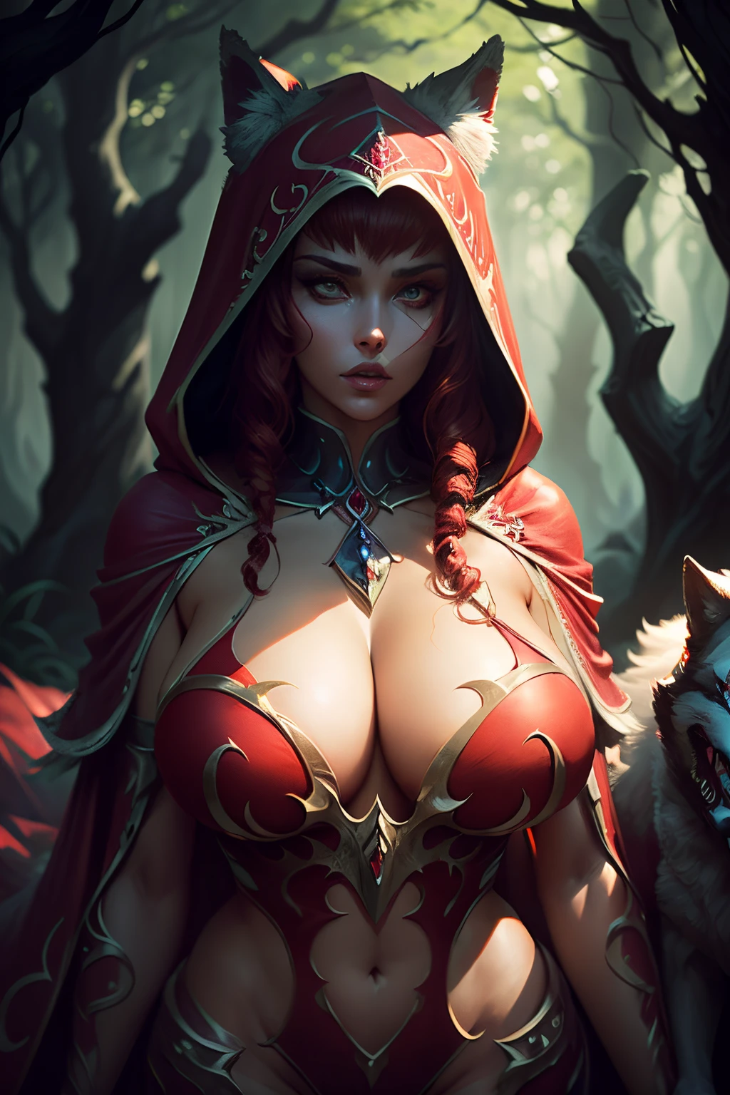 What a stunning woman red riding hood has become, perfect features, graceful and powerful, sensual, her gigantic wolf walks beside her he is powerful, magical, mystical, otherworldly, they roam together in the ominous woods . extreme detail, highly detailed , , Mysterious