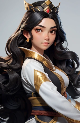 masterpiece, best quality, 1 girl, brown skin, black hair, wavy hair, long hair, beautiful, Indonesian, white ninja clothes, crown, simple background, solo, upper body
