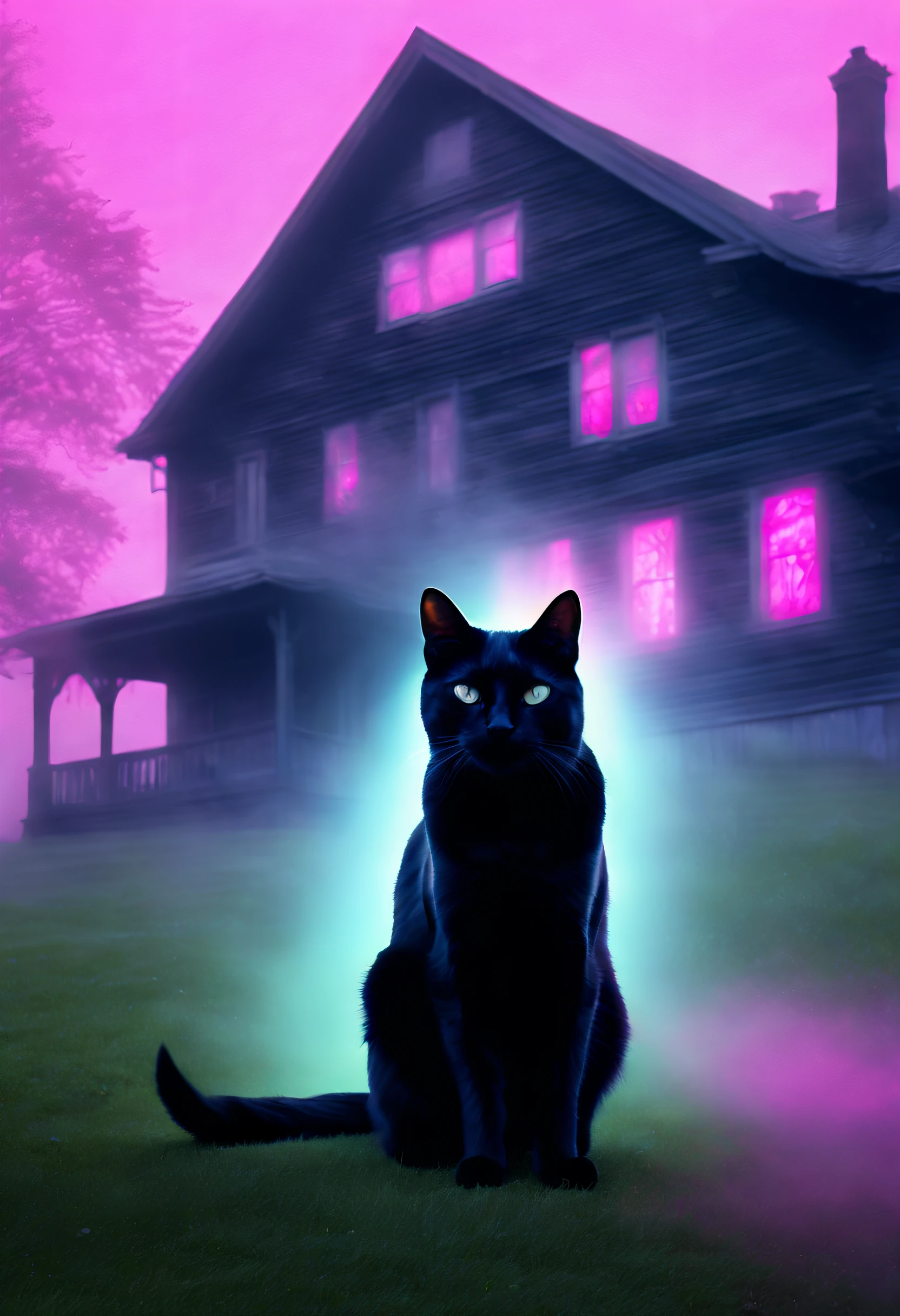A ghost of a black cat guarding the house lawn, a black cat pink hologram texture, pink translucent spirit of a black cat, spirit of a black cat hologram, low opacity, conceptual art, ghostly form, pink fog around the spirit of the cat, glowing fog intricate ghosty black cat, photorealistic, glowing spirit black cat, photoreal, hyperrealism