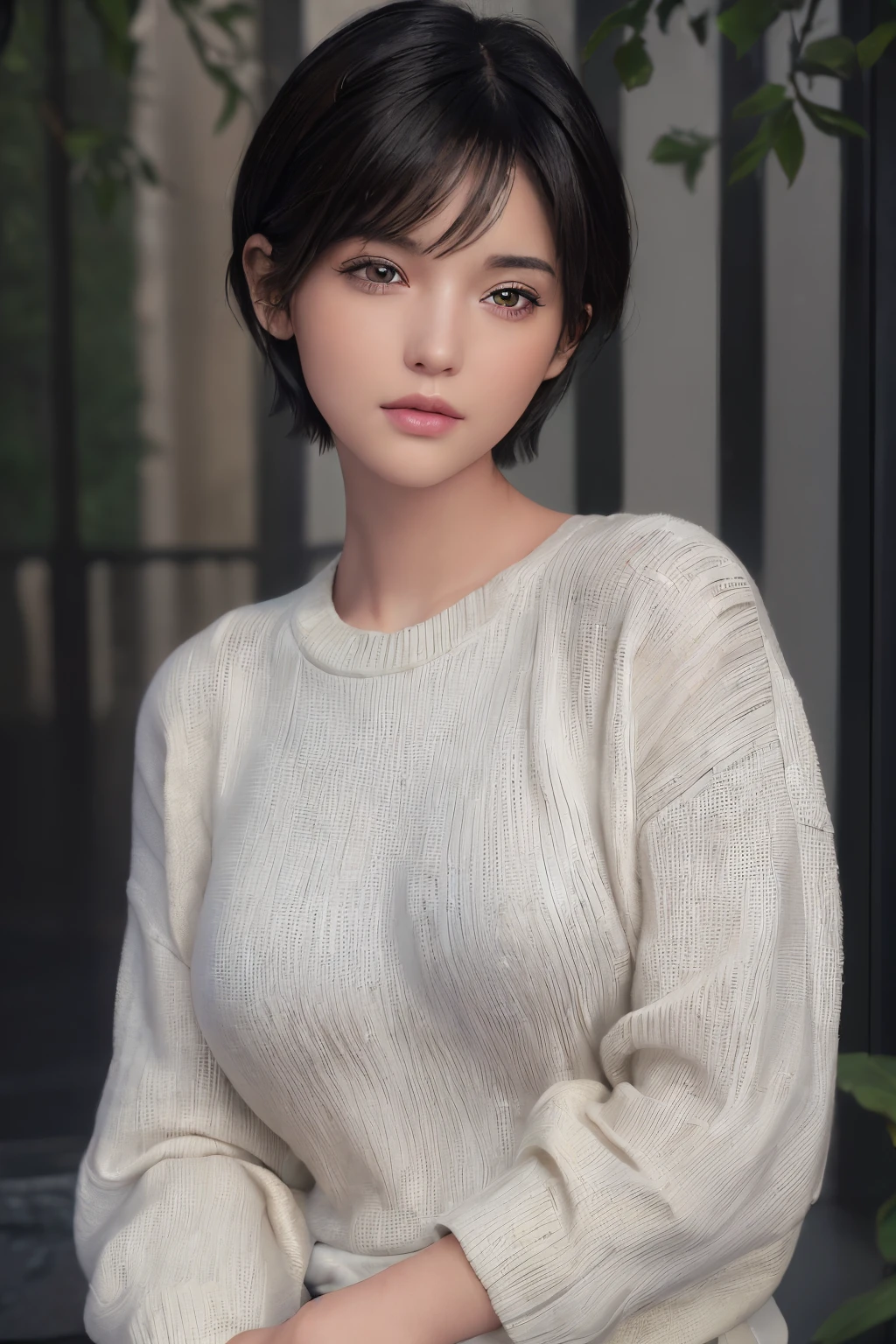(masterpiece:1.3), (8k, photorealistic, RAW photo, best quality: 1.4), (1girl), beautiful face, (realistic face), (black hair, short hair:1.3), beautiful hairstyle, realistic eyes, beautiful detailed eyes, (realistic skin), beautiful skin, (sweater), absurdres, attractive, ultra high res, ultra realistic, highly detailed, golden ratio