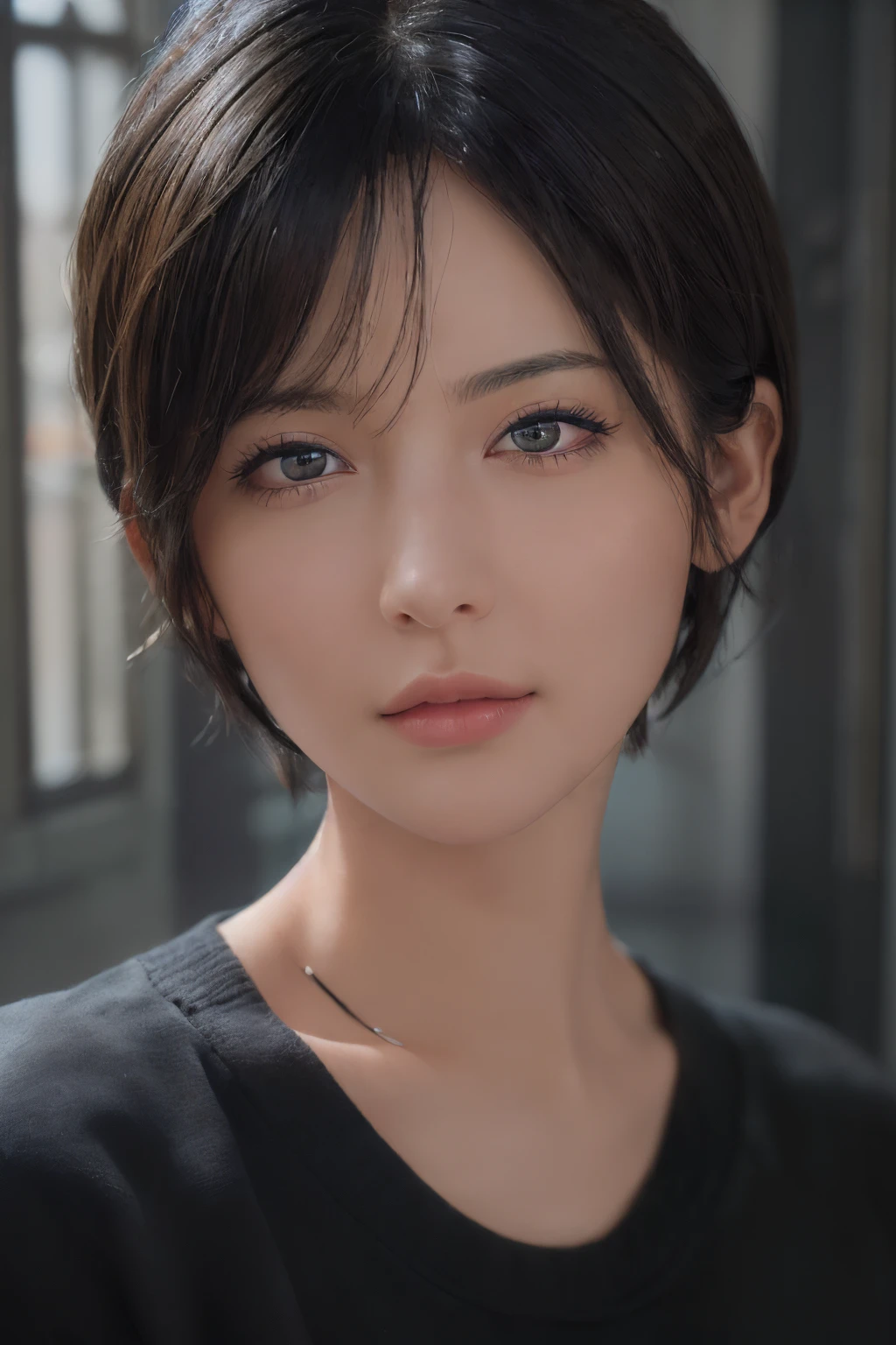 (masterpiece:1.3), (8k, photorealistic, RAW photo, best quality: 1.4), (1girl), beautiful face, (realistic face), (black hair, short hair:1.3), beautiful hairstyle, realistic eyes, beautiful detailed eyes, (realistic skin), beautiful skin, (sweater), absurdres, attractive, ultra high res, ultra realistic, highly detailed, golden ratio