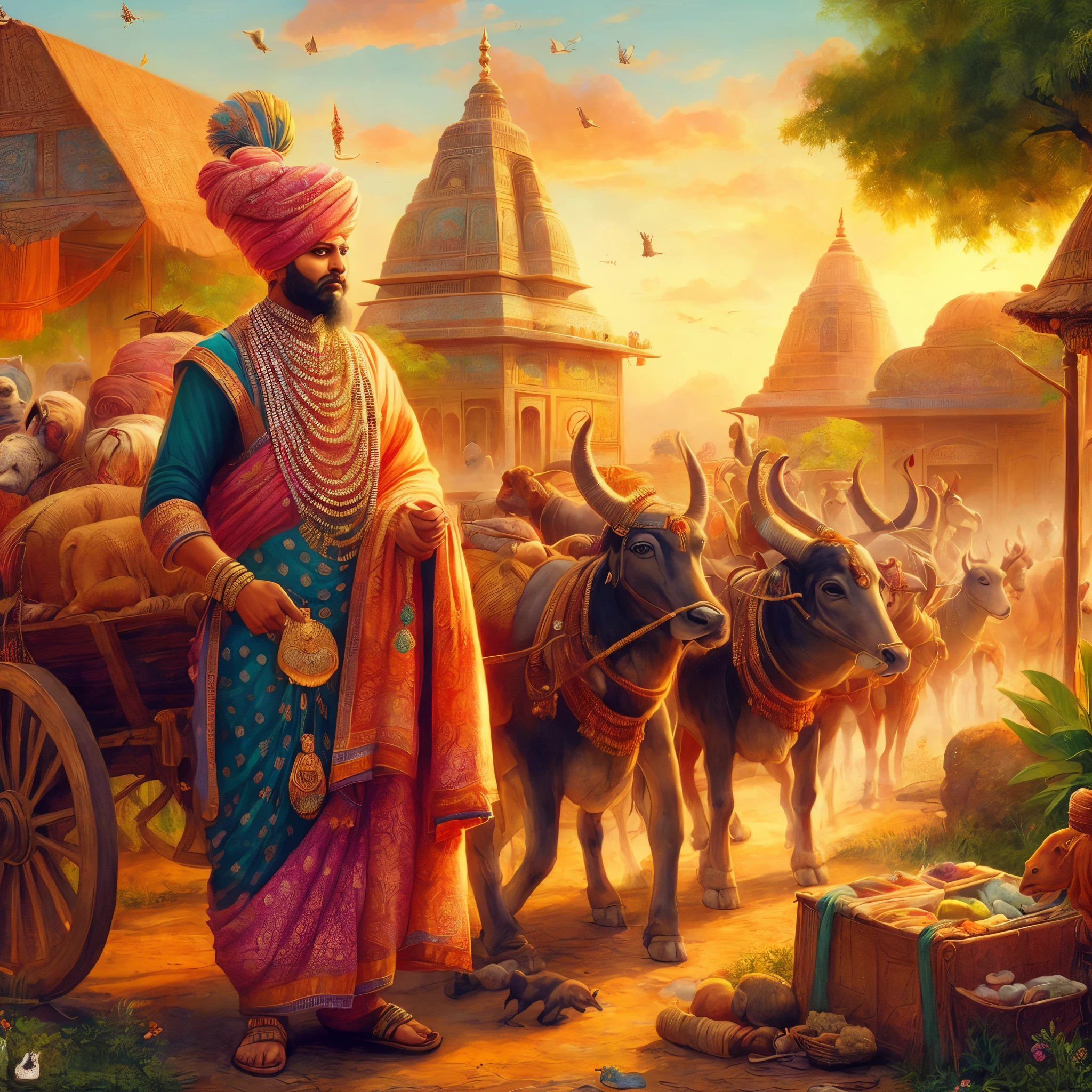 a painting of a man in a turban and a cart with animals, a beautiful artwork illustration, by Saurabh Jethani, amazing wallpaper, hd wallpaper, indian art, beautiful digital artwork, inspired by Ram Chandra Shukla, by Daryush Shokof, by Jitish Kallat, ancient india, inspired by Saurabh Jethani, detailed game art illustration