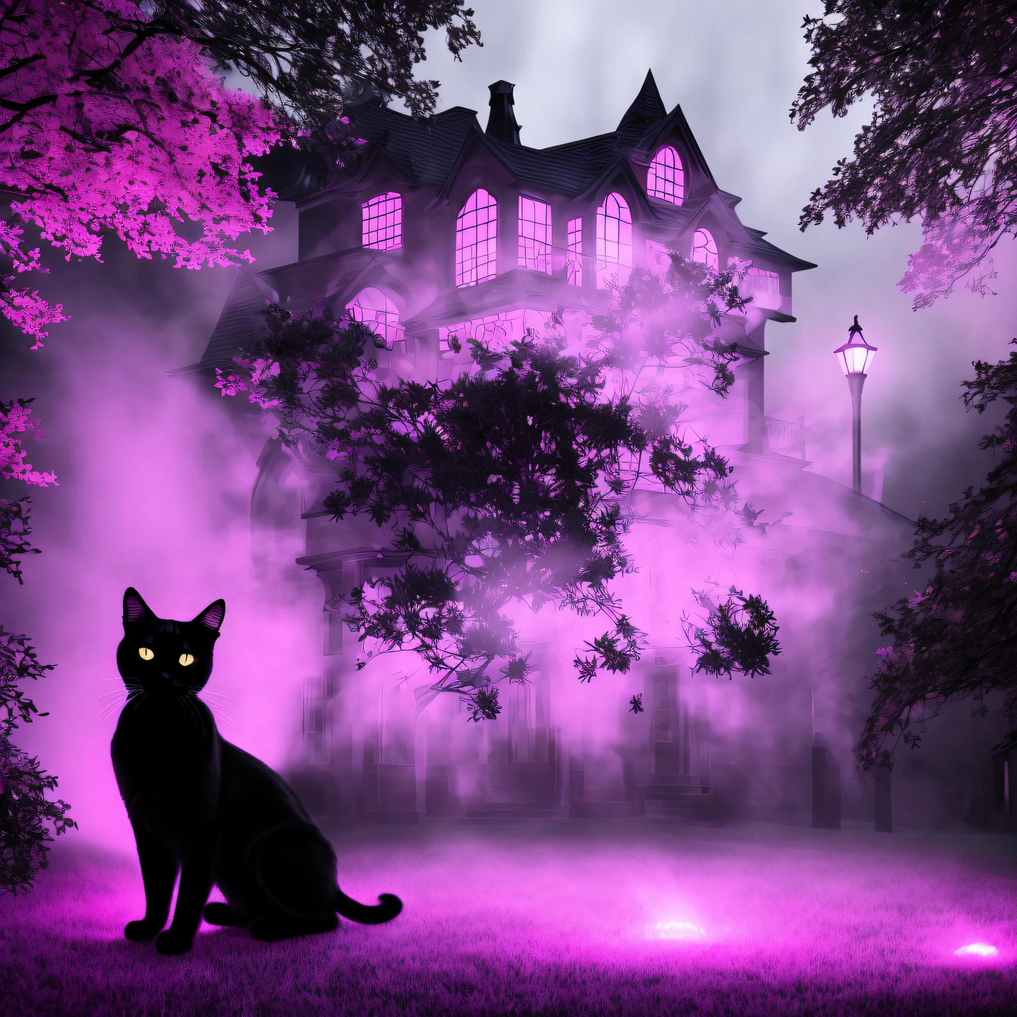 A ghost of a black cat guarding the house lawn, a black cat pink hologram texture, pink translucent spirit of a black cat, spirit of a black cat hologram, low opacity, conceptual art, ghostly form, pink fog around the spirit of the cat, glowing fog intricate ghosty black cat, photorealistic, glowing spirit black cat, photoreal, hyperrealism