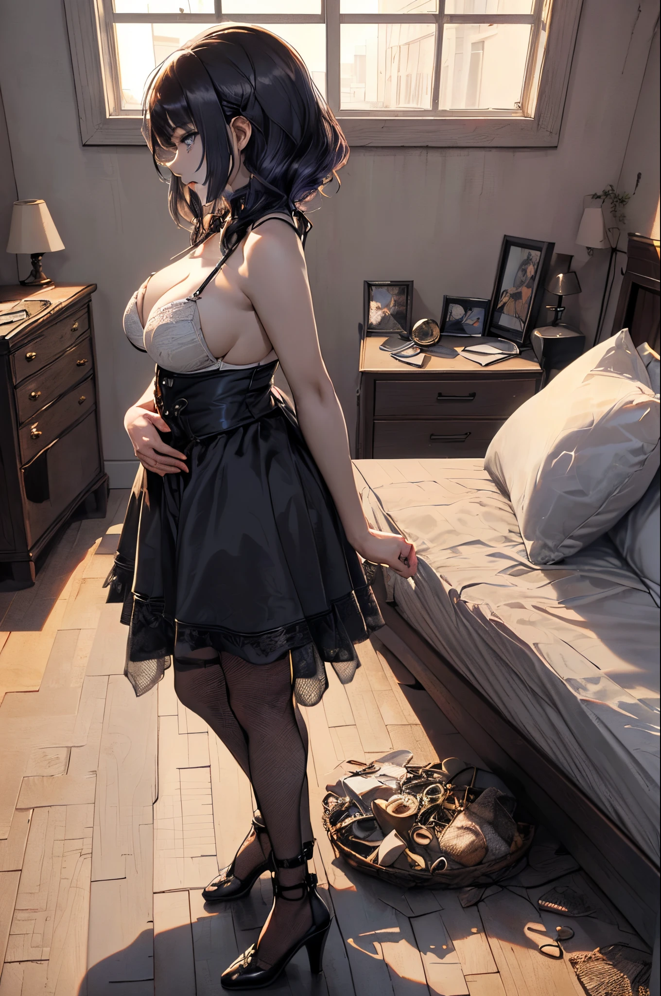 ((masterpiece)), ((best quality)), ((anime profile style)), ((HD 4k | |)), ((female anime character)), ((Shouko Nishimiya character)), ((pale skin)), ((Beautiful body)), girl, female face, Happy, ((black mask on mouth)), ((light lilac eyes)), Eyelid, Pupil, Sclera, Iris, eyebrow, eyelashes, auricular fox nose, ((giant straight black hair)), ((bangs)), ((hair details)), ((hair highlights effect)), ((women's dress sexy sexy fishnet sexy underwear women's dress pure color sexy plus size lingerie)), ((light effect on clothes)), ((body light effect)), neck, shoulders, (thin waist), ((perfect belly)), arms, ((thick legs )), ((big thigh)), ((background scenery)), ((in the bedroom)), ((bed, window, TV, wardrobe, chest of drawers, back)), ((The lighting) ), viewer view