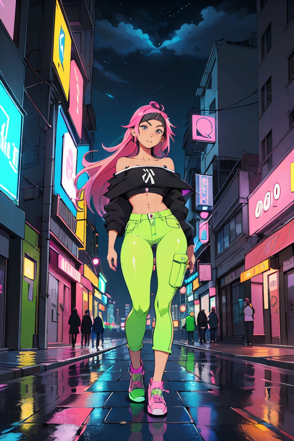 (obra-prima, 4k, ultra detalhado: 1.2), (anime: 1.2), illustration, (realista: 1), (fotorrealista: 1),
(solo:1.2),
(caminhando:1),
(panorama,perspectiva:1.4),(olho de peixe:1.2),
(paisagem, ao ar livre, paisagem urbana, noite, meia-noite, telhado, cyberpunk, asfalto, chuva, arte graffiti, reflection, loja, quiosque, sidewalk, beco: 1.2), (sky scraper, nevoeiro: 1.4),
(pedestre, crowd, pessoas: 1.3),
(neon sign, neon blue, neon pink, Yellow neon: 1.4),
(Off-shoulder neon trench jacket, cargo pants, sneaker: 1.3, nsfw seio nu, nsfw mostrando os seios),
(cabelo branco platina, rabo de cavalo: 1.2, pele negra), (supermodelo: 1.4), (various hair colors),