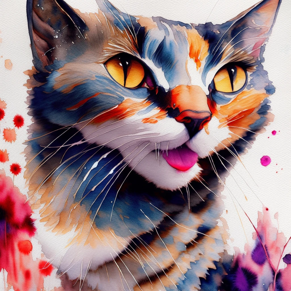 wtrcolor style, Digital art of (cat character), official art, frontal, smiling, masterpiece, Beautiful, ((watercolor)), face paint, paint splatter, intricate details. Highly detailed, detailed eyes, [dripping:0.5], Trending on artstation, by Rachel Walker