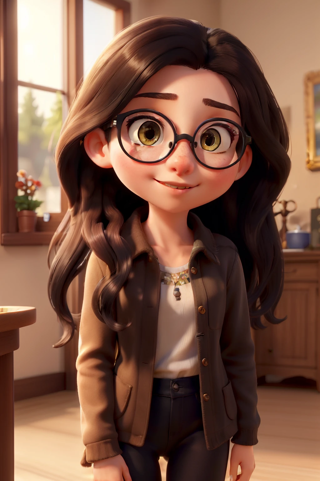 (best quality,4k,highres,masterpiece:1.2),ultra-detailed,realistic:1.37,young girl with long black hair,fair skin,bright hazel eyes,round glasses