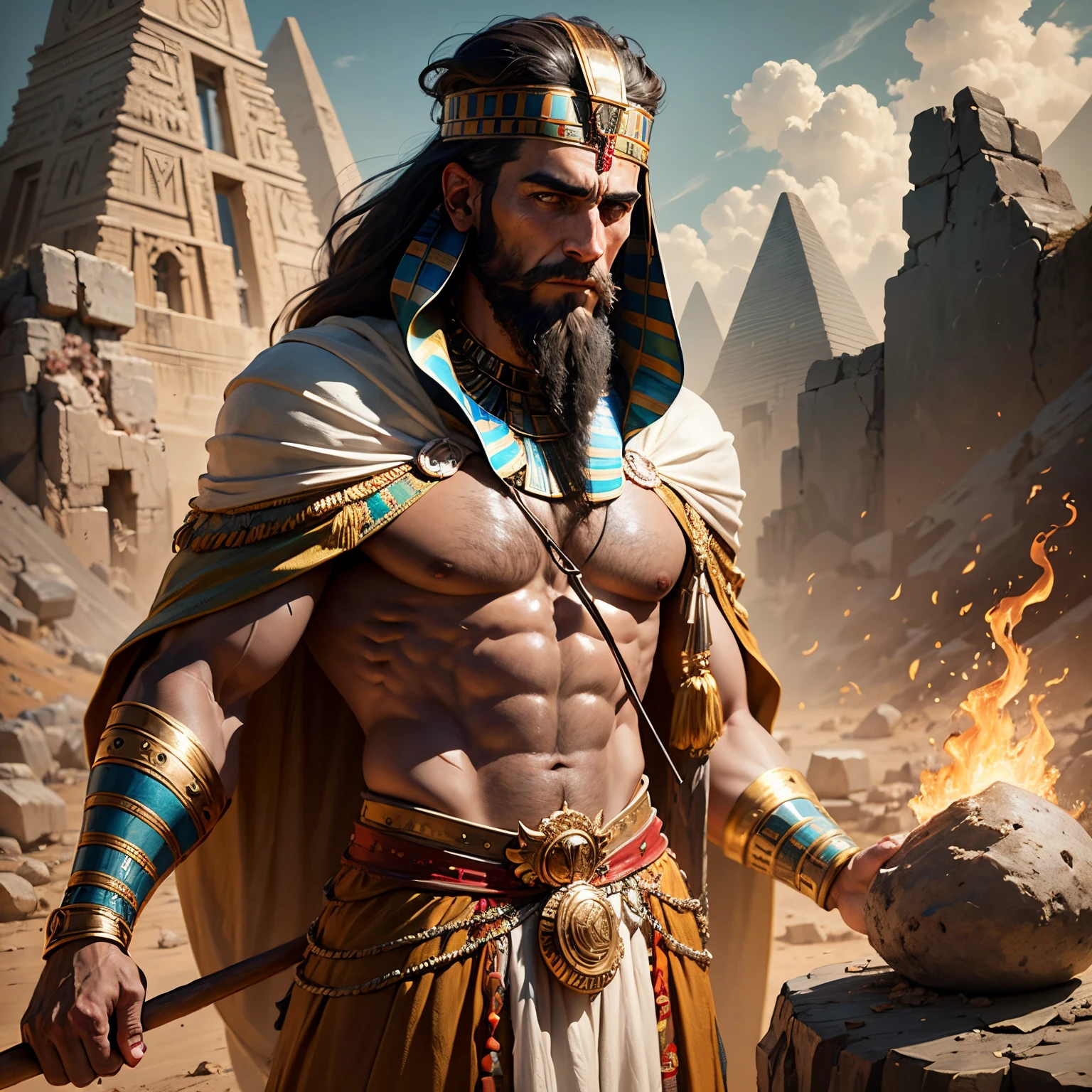 Moses from the Bible, imagem ultra realista e super detalhada, holding a stick in your hand, background image resembles there is an Egyptian environment, barba longa, Appearance of a Jew from 4,000 years ago --auto --s2