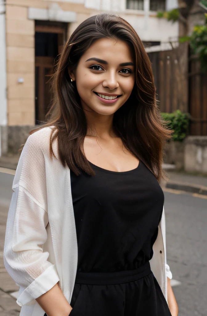 mujer vestida, Linda, about 23 years old, smiling discreetly