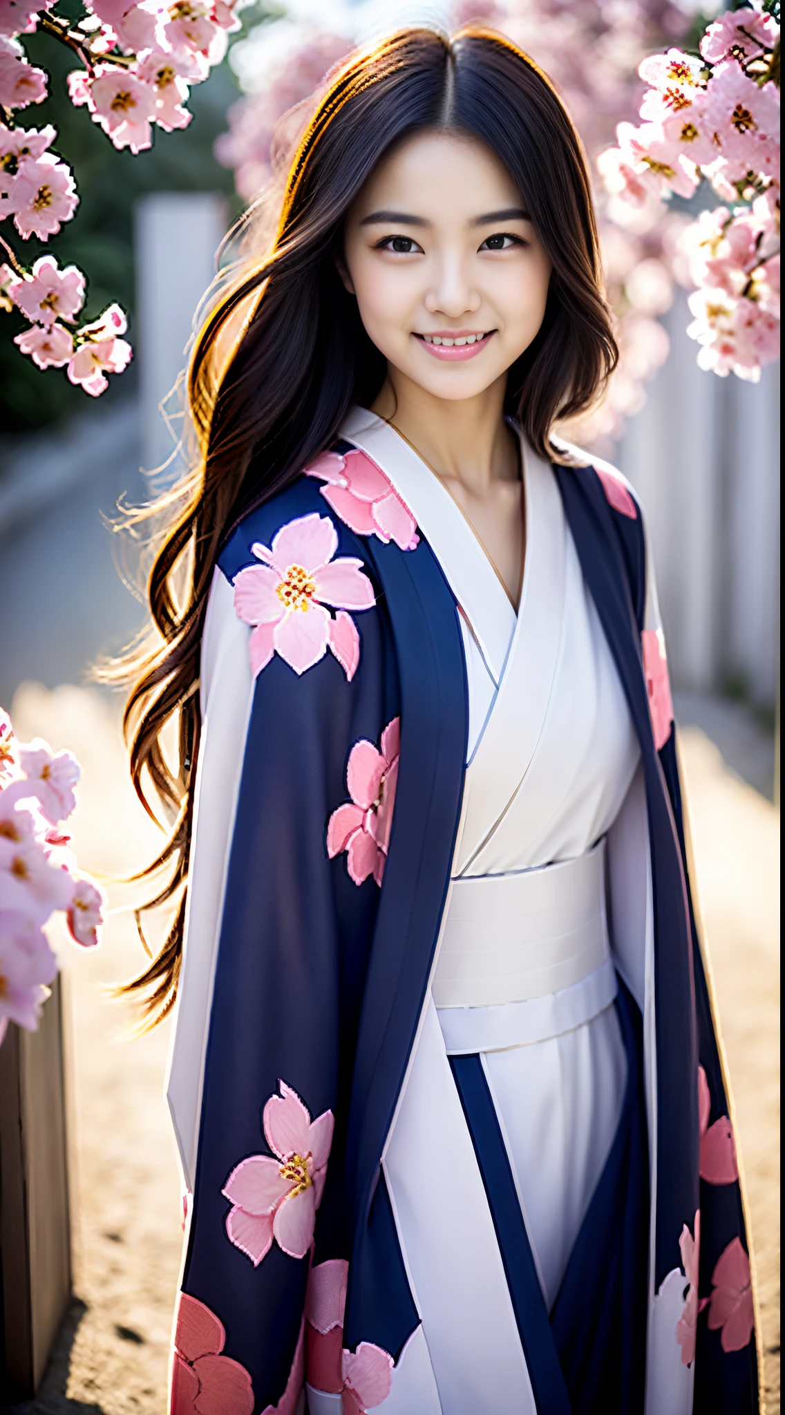 ((Kimono))、((Bright cherry blossom pattern kimono))、(full body Esbian)、（The background is the precincts of the shrine)、(top-quality,​masterpiece:1.4、超A high resolution)、(ultra-detailliert、Caustics)、(Photorealsitic:1.4、RAW shooting)、Ultra-realistic capture、A highly detailed、 Skin texture is natural、Single Female、(voluminous hair)、25-years old、The skin looks healthy with an even tone、 Use natural light and color、One Woman、japanes、A dark-haired、Middle hair、(Hair swaying in the wind:1.1)、Light in the eyes、Looking at the camera、Dimples、placket、White teeth