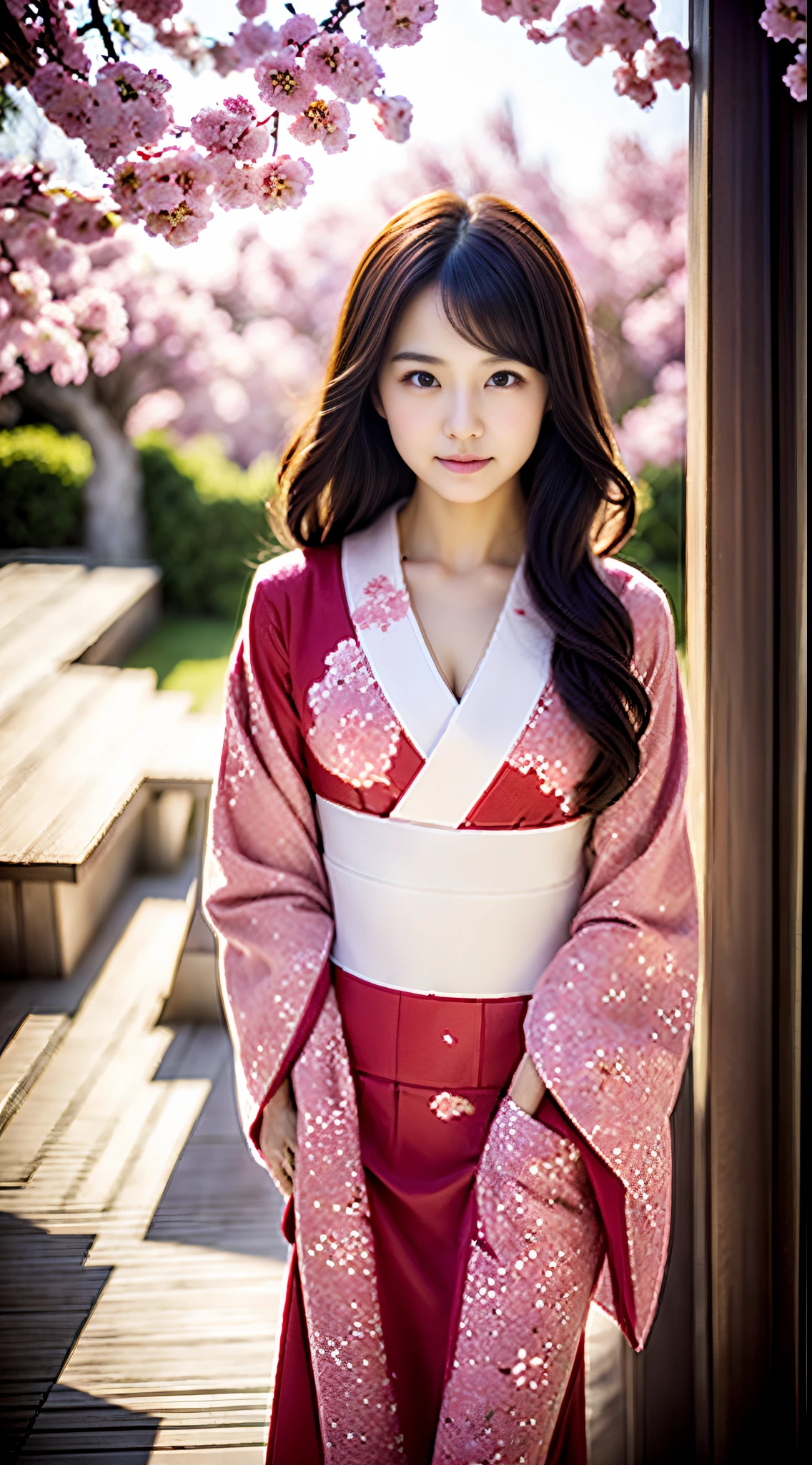 ((Kimono))、((Bright cherry blossom pattern kimono))、(full body Esbian)、（The background is the precincts of the shrine)、(top-quality,​masterpiece:1.4、超A high resolution)、(ultra-detailliert、Caustics)、(Photorealsitic:1.4、RAW shooting)、Ultra-realistic capture、A highly detailed、 Skin texture is natural、Single Female、(voluminous hair)、25-years old、The skin looks healthy with an even tone、 Use natural light and color、One Woman、japanes、A dark-haired、Middle hair、(Hair swaying in the wind:1.1)、Light in the eyes、Looking at the camera、Dimples、placket、White teeth