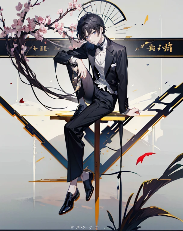 male angel sitting on rebar、full body Esbian、Embrace your broken wings、Fashionable、Dior、black three-quarter sleeve jacket、an legs、shoe、trouser,Plain clothe