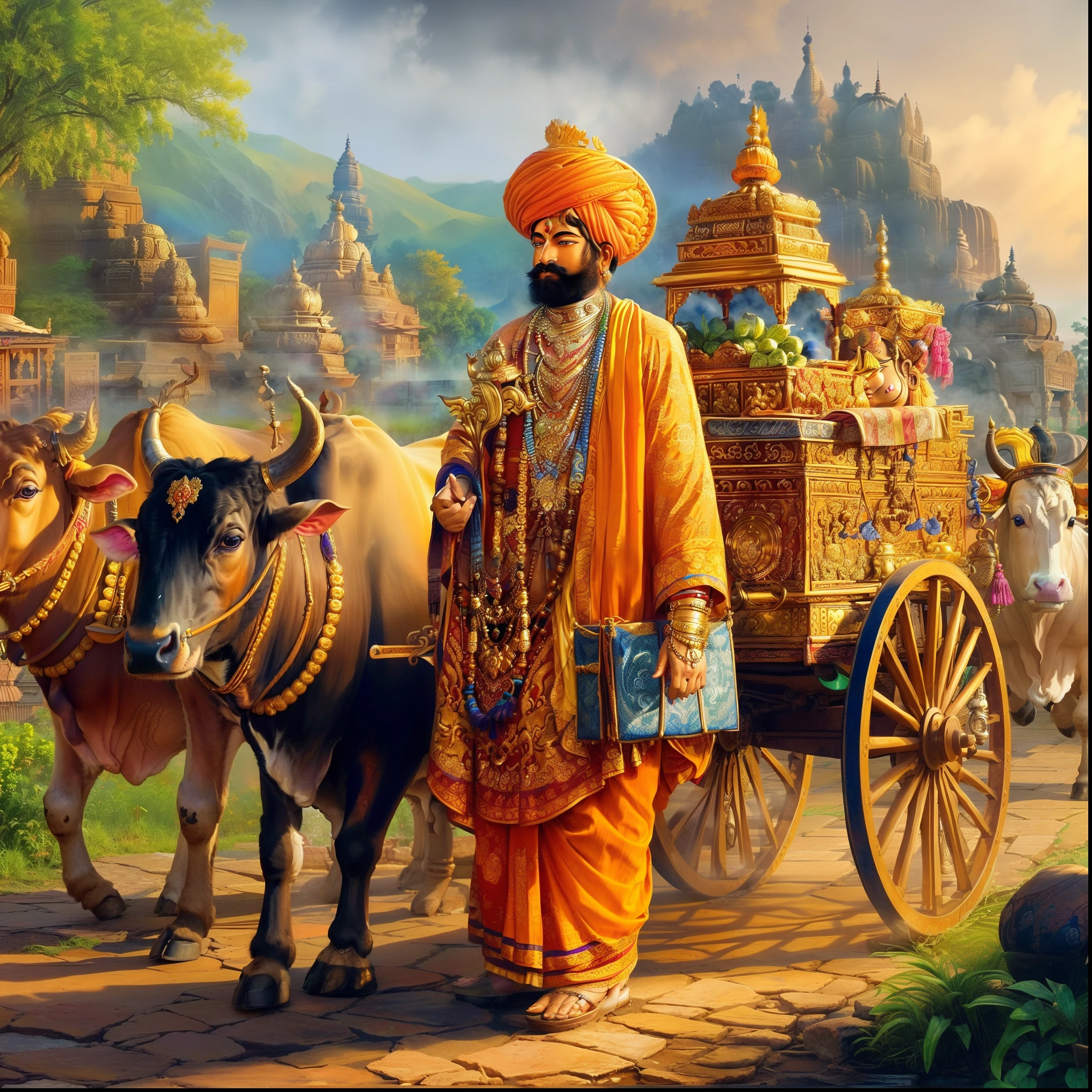 there is a man standing next to a cart with a cow, hindu aesthetic, ancient india, hd wallpaper, amazing wallpaper, 4k highly detailed digital art, hinduism, 8k high quality detailed art, beautiful wallpaper, high quality wallpaper, detailed painting 4 k, indian master, inspired by Ram Chandra Shukla, temple background, indian style, 4k detailed digital art