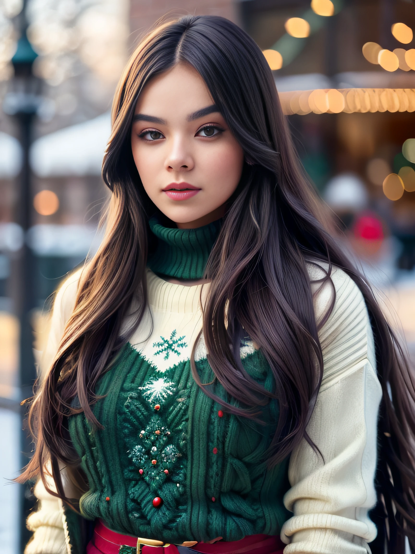 a woman wearing a sexy Christmas sweater, long hair, winter, whimsical, intricate brush strokes, beautiful lighting, intricate details, Unreal Engine, creative, expressive, detailed, colorful, digital art, unique, HW*