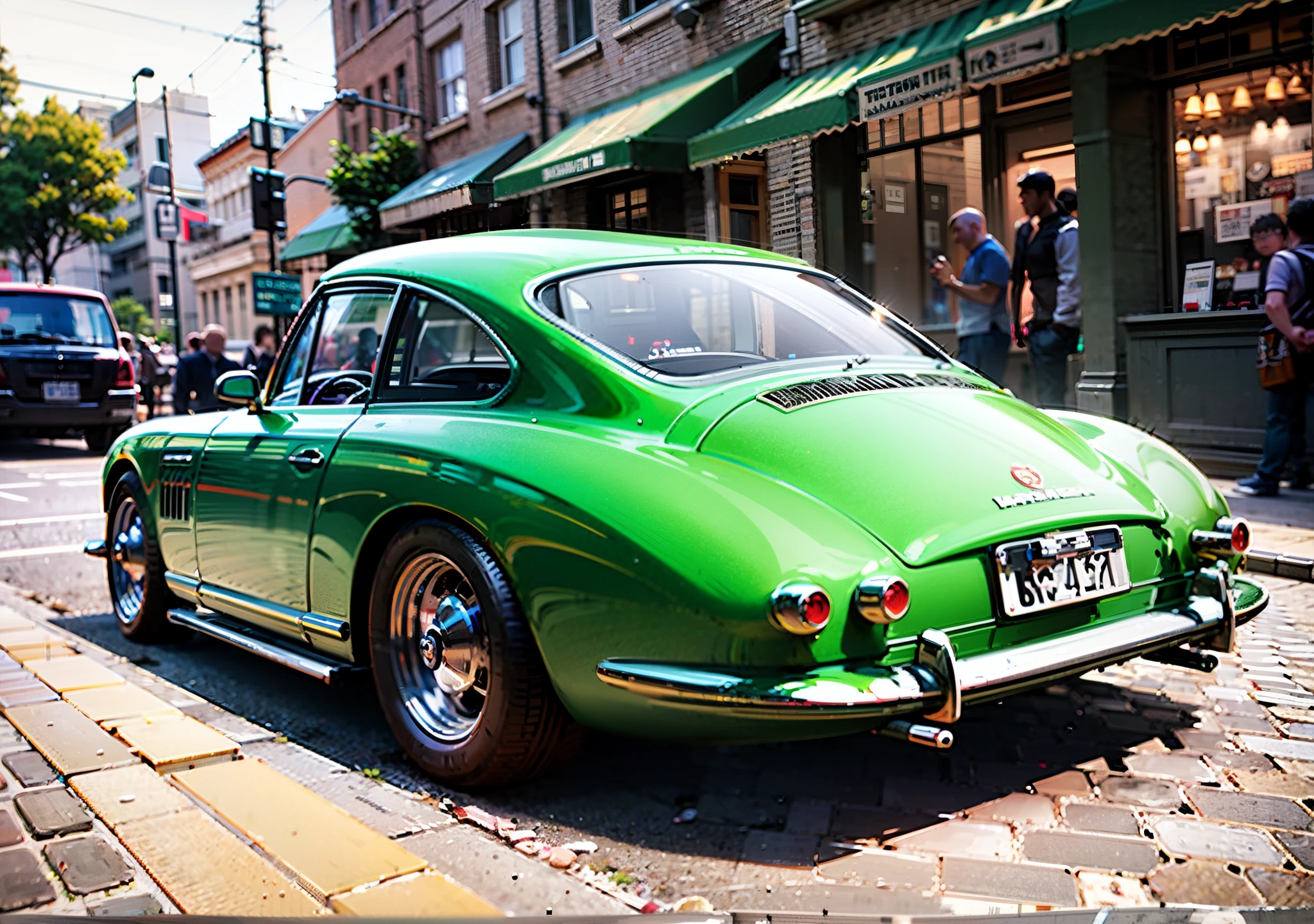 Arafed green car parked on the side of the road in front of a building, PORSCHE 356 |, KodakChrome : : 8 mil, highly detailed octane render, photorealistic octane render, hyper realistic octane render, Altamente detalhado Hyper Real Retro, realistic detailed octane render, Amazing photorealistic graphics, octan render ] ", nvidia raytracing demo