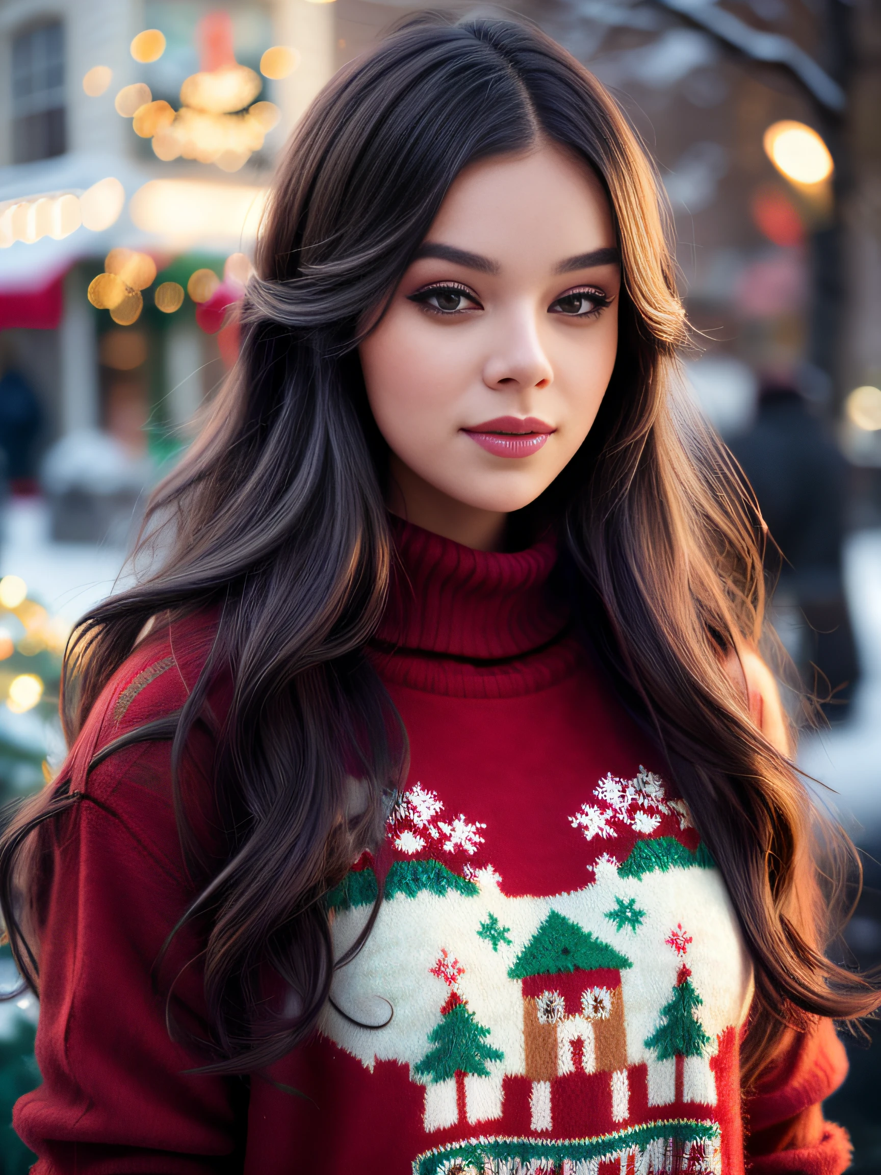 a woman wearing a sexy Christmas sweater, long hair, winter, whimsical, intricate brush strokes, beautiful lighting, intricate details, Unreal Engine, creative, expressive, detailed, colorful, digital art, unique, HW*