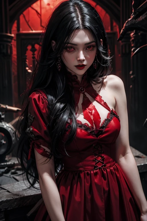 a bloodcrazed vampire with long black hair using a red blooded dress with pale