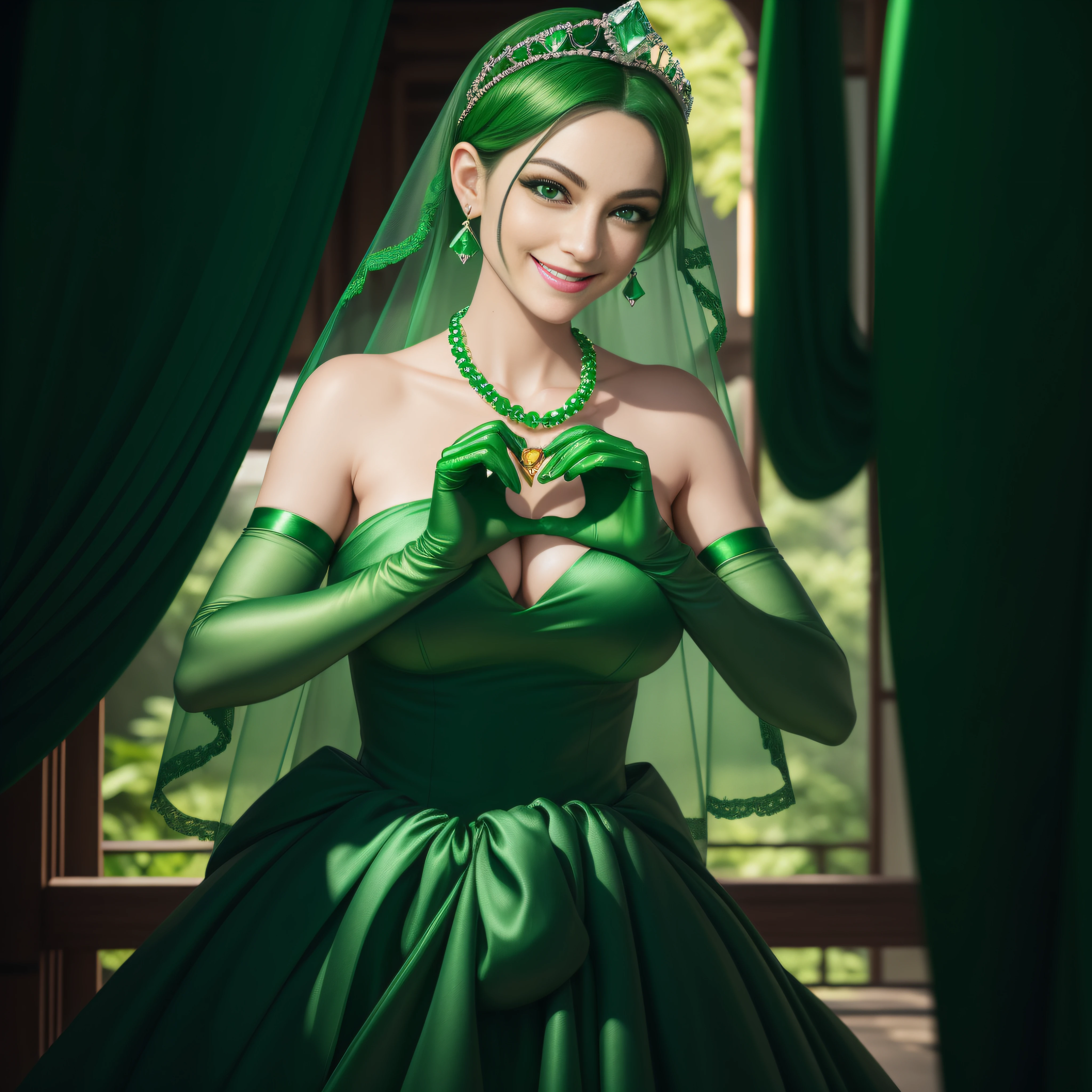 emerald tiara, Green Pearl Necklace, Boyish very short green hair, lipsticks, Japan woman smiling, very short short hair,  beautiful, Green eyes, Long green gloves made of satin material, Green eyes, Emerald Earrings, green vale, Heart with both hands, Green hair