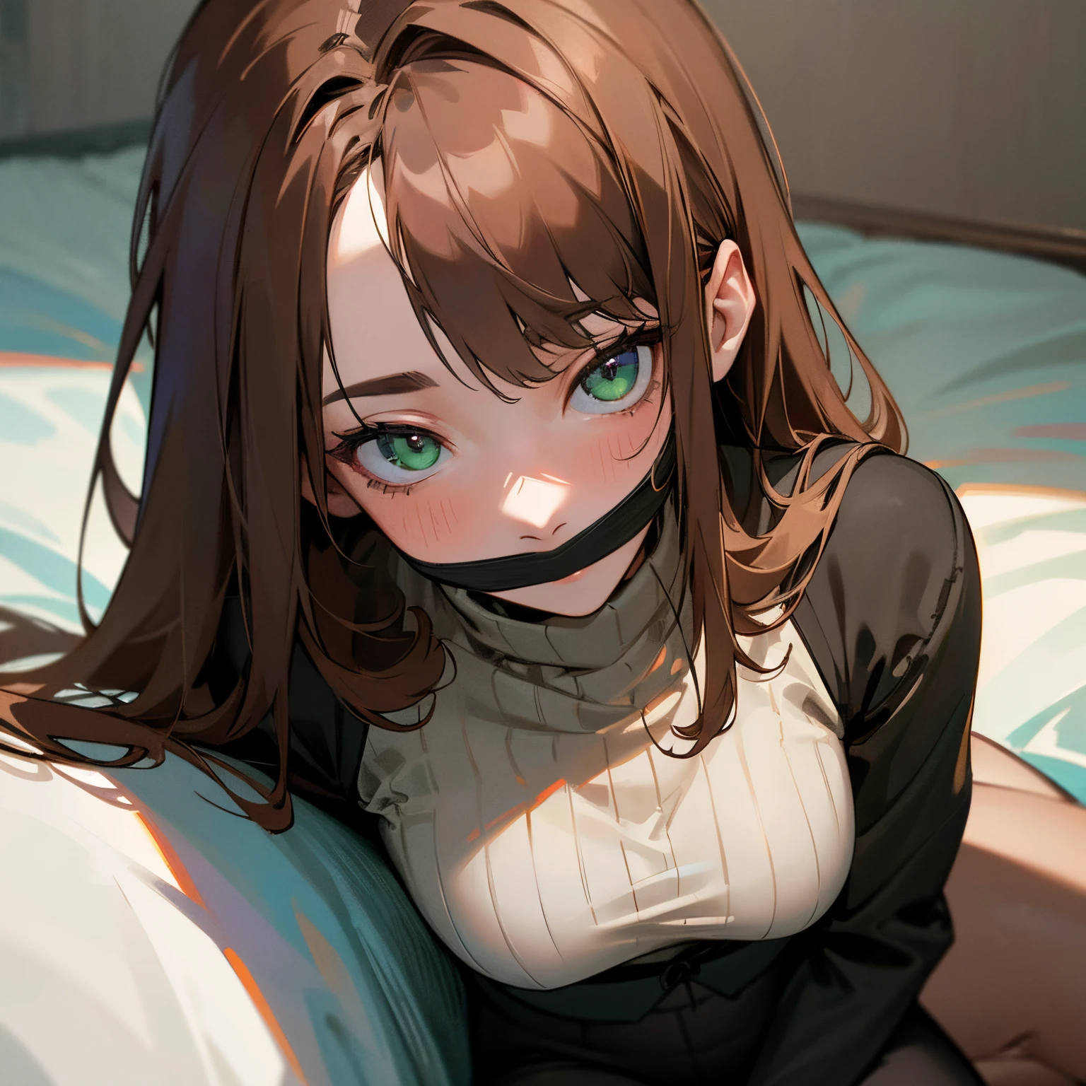 (best quality,4k,8k,highres,masterpiece:1.2),ultra-detailed,realistic,photorealistic:1.37, HDR,UHD,studio lighting,extreme detail description,professional,vivid colors,portraits,portrait lighting,long brown hair,young woman,18 years old,green eyes,turtleneck sweater,black pants,tied up with rope,gagged with tape,sitting on an old mattress,pale skin,facial expression showing fear