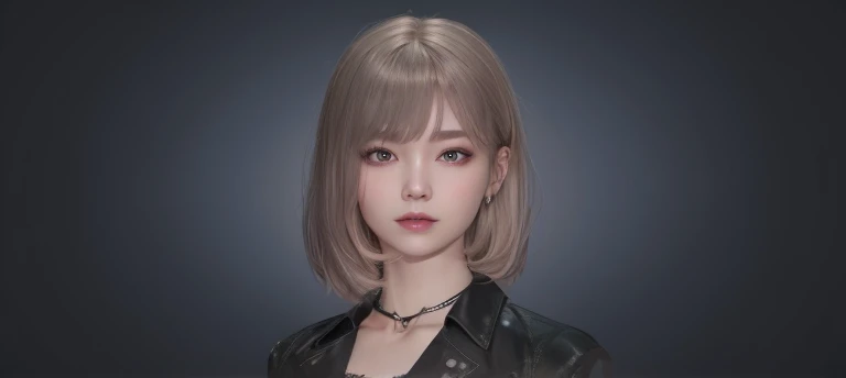 1girl, star eye, blush, perfect illumination, grey hair, red bright eyes, unreal engine, sidelighting, detailed face, bangs, bright skin, simple background, dark background, upon body, realistic big breasts.