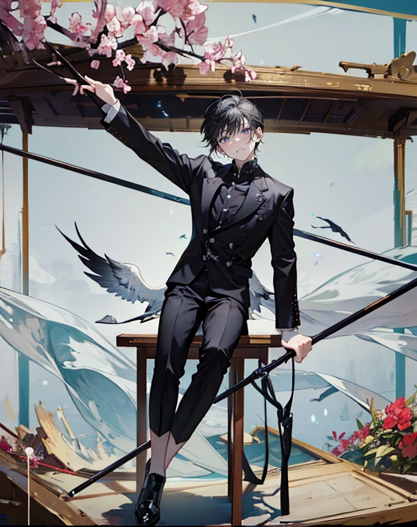 male angel sitting on rebar、full body Esbian、Embrace your broken wings、Fashionable、Dior、black three-quarter sleeve jacket、an legs、shoe、trouser,Plain clothe