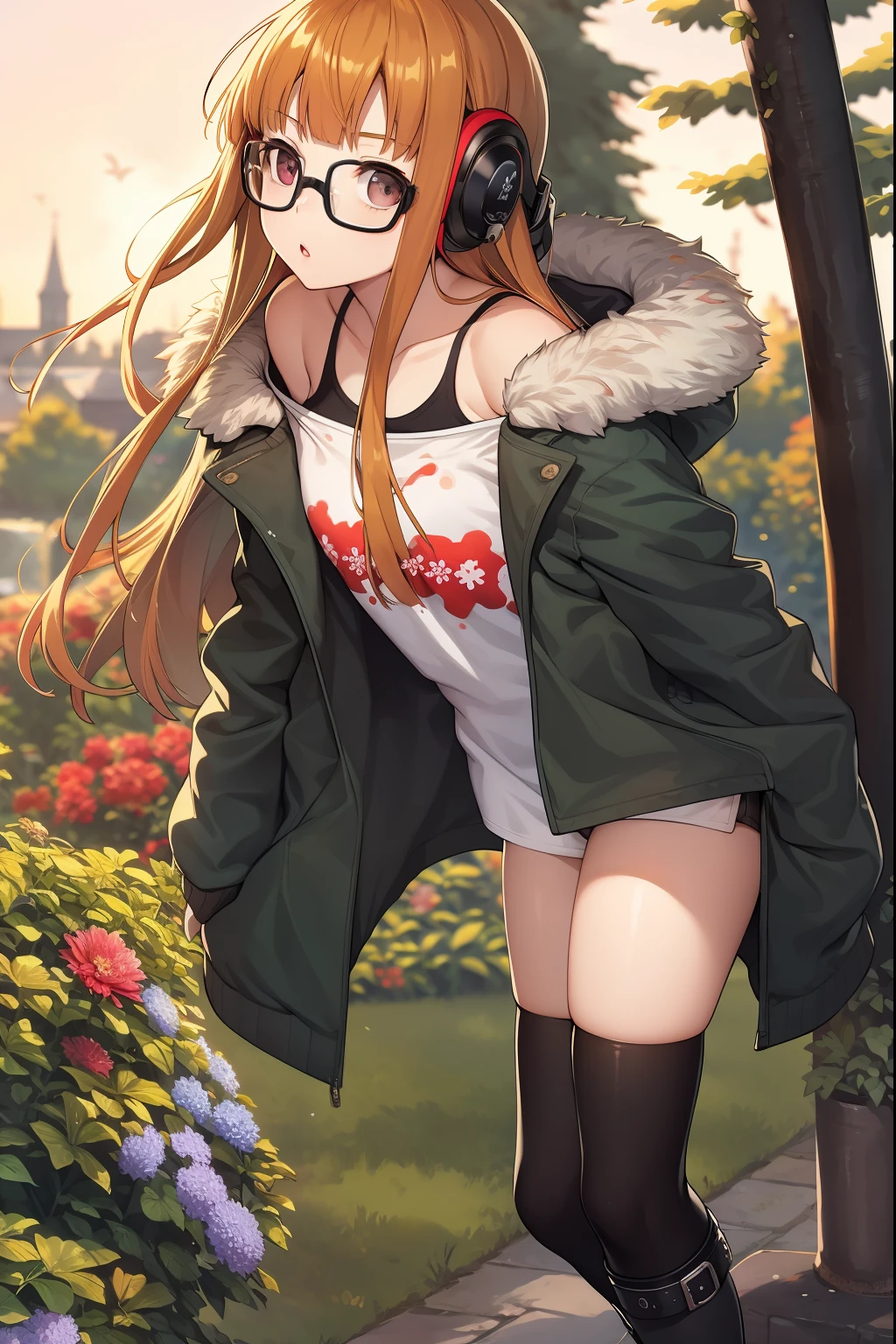 masterpiece, best quality, highres,
1girl, futabasakura, blunt bangs, glasses, black-framed eyewear, ahoge, small breasts,
glasses,  headphones, behind-the-head headphones, white shirt, jacket, off shoulder, fur trim, fur-trimmed jacket,  green jacket, shorts, thighhighs, boots,
 cowboy shot, garden, flowers, trees, golden hour,