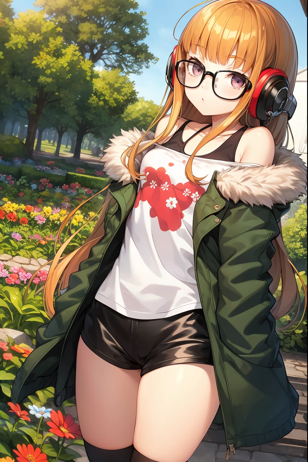 masterpiece, best quality, highres,
1girl, futabasakura, blunt bangs, glasses, black-framed eyewear, ahoge, small breasts,
glasses,  headphones, behind-the-head headphones, white shirt, jacket, off shoulder, fur trim, fur-trimmed jacket,  green jacket, shorts, thighhighs, boots,
 cowboy shot, garden, flowers, trees, golden hour,