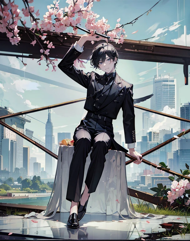 male angel sitting on rebar、full body Esbian、Embrace your broken wings、Fashionable、Dior、black three-quarter sleeve jacket、an legs、shoe、trouser,Plain clothe