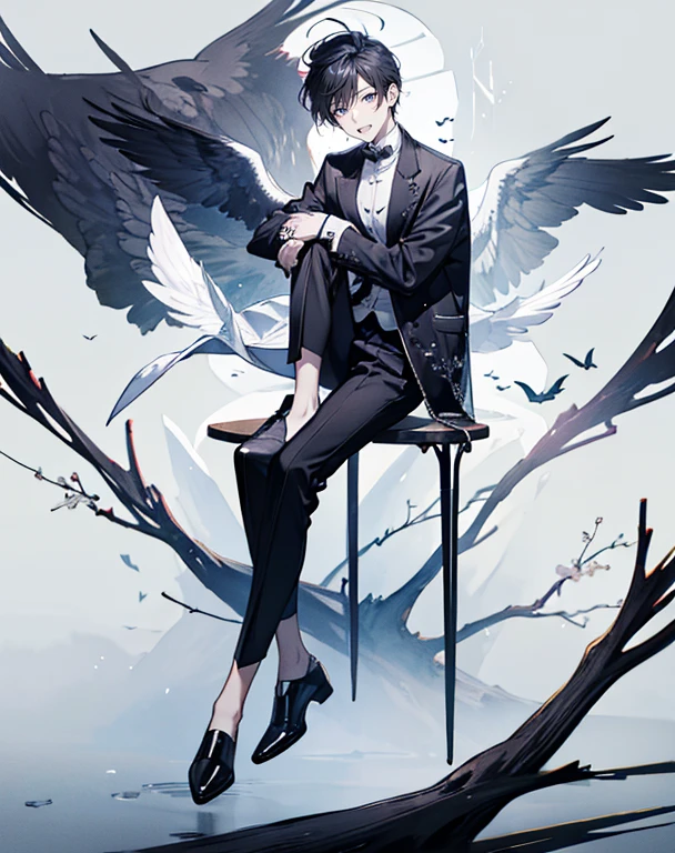 male angel sitting on rebar、full body Esbian、Embrace your broken wings、Fashionable、Dior、black three-quarter sleeve jacket、an legs、shoe、trouser,Plain clothe