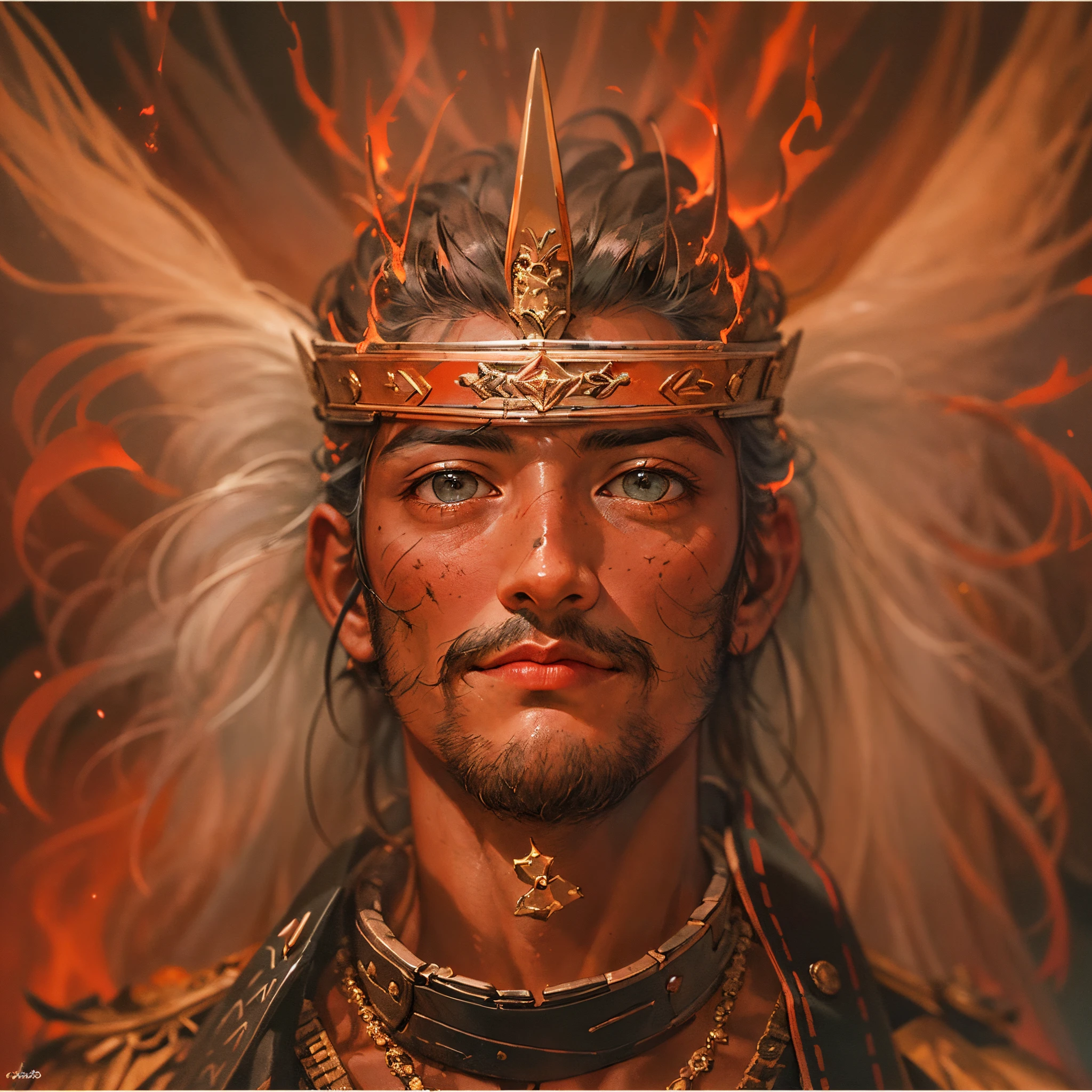 obra maestra, mejor calidad, ultra detallado,La mejor calidad,Altas Resoluciones,(1hombre)Dios de la guerra cruzado de brazos,postura imponente,armadura de curo,musculoso,barba larga y negra,llamas amarillas y negras a su alrededor,particulas de fuego flotando en el aire,ojos encendidos de color rojo claro,cicatriz de fuego,calvo sin pelo,gesto desafiante y de enfado,Mirando al espectador,aura,energy