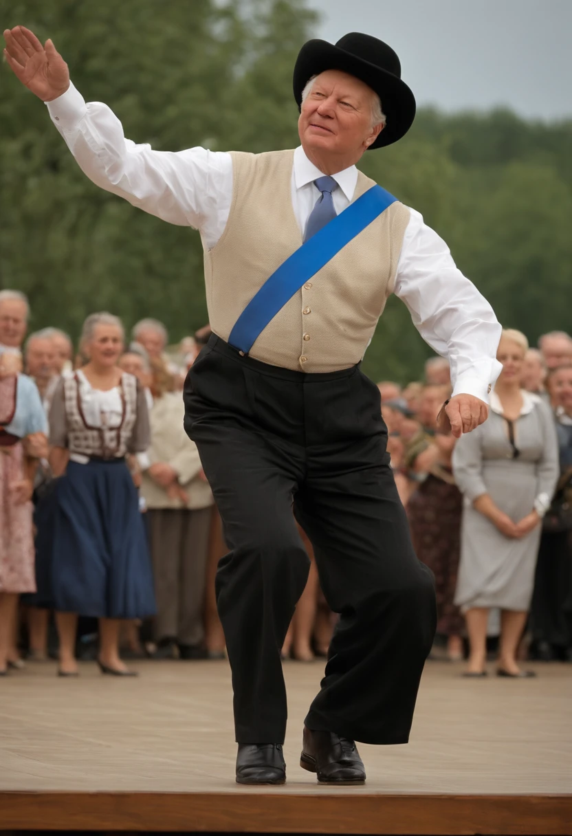 A photo of Yeltsin enthusiastically leading a traditional Russian dance at a local cultural festival.,The Russian Federation,Yeltsin was of average height, standing at around 5 feet 8 inches (173 cm) tall. He had a sturdy and somewhat stocky build, with a noticeable roundness to his figure.

Facial Features: Yeltsin had a round face with a prominent jawline. He had a fair complexion, often appearing flushed or rosy-cheeked, which was sometimes attributed to his drinking habits. His face was characterized by deep-set blue eyes that conveyed a sense of intensity and determination. Yeltsin had thinning gray hair, which he typically wore short.

Expressive Eyes: Yeltsin's eyes were often described as expressive and animated. They had a lively and sometimes piercing quality, reflecting his strong personality and passionate nature.

Attire: Yeltsin's fashion sense was known for being relatively casual and unassuming. He often appeared in public wearing business suits, typically in dark colors such as blue or gray. On more informal occasions, he would opt for less formal attire, occasionally wearing sweaters or sport coats.

Body Language: Yeltsin's body language was often described as energetic and dynamic. He had a tendency to gesticulate with his hands while speaking, emphasizing his points with animated gestures. Yeltsin's physical movements were often characterized by a sense of vigor and purpose, reflecting his assertive and active approach to politics.
Over the years, the effects of aging became more apparent in Yeltsin's appearance. As he served multiple terms as President of Russia, his hair continued to gray, and wrinkles became more prominent. These signs of aging were often mentioned in media portrayals of Yeltsin during his later years in office.
Yeltsin's body language was often described as dynamic and active. He would often move around the stage or podium while speaking, using his gestures and physical movements to engage the audience. Yeltsin's body language conveyed a sense of urgency and purpose, reflecting his determination to bring about change.