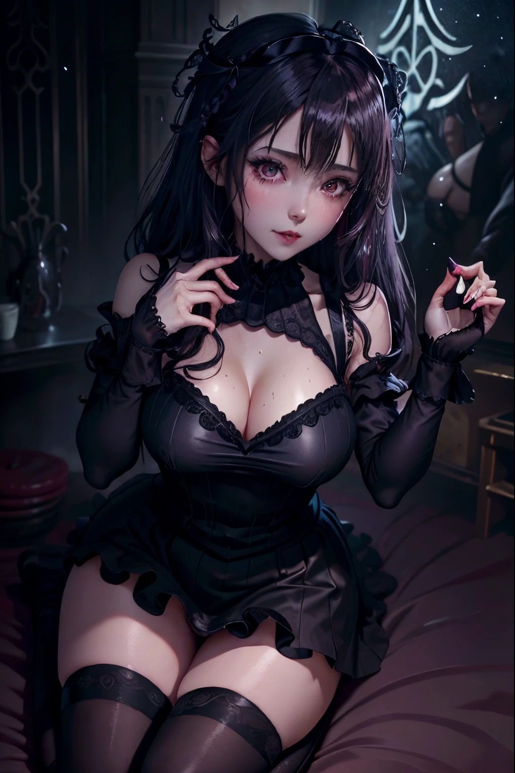 Hard Dark Gothic Makeup、Maniacal、Deep night sky、horor、Black Dark Eyeshadow、crying how bright、mourn、Good skin luster、Long hair straight hair、Dark Gothic Makeup、Dark smile、Restless Palace、Expressions of sexual arousal、Fragrant beauty、22year old、Lying、seductiv、Strong sexual pleasure facial expressions、A look of shame、Dark Gothic、Gothic ta、bell sleeves、Wizard Sleeve、Obscene look、Stained glass background、masutepiece、Best Quality、Refers to 5 books、Sweat glitters on my chest、Expression of sexual pleasure in anguish、Drunken face、maid clothes、Mysterious、noble、Face holding back the toilet、Flirty gothic lolithes、the body is wet and shiny、Transcendent sex appeal、open your legs sloppily、Lots of glitter on the thighs、I'm sweating a lot、Affectionate smile、twin-tail hair、my thighs are extremely wet、Jet black ruffled skirt、Shaded、Blue eyes on the right, red eyes on the left、Gothic bed covered with roses、Transcendent Bewitching Pose、all fours pose、Gravure photography、arch your back、stick out buttocks、Close your eyes and sleep、Pose、crawl on all fours、doggy style pose on bed、knee high socks、thigh-high socks、Sticky and profuse sweat on the thighs、Tons of sticky shiny thighs、Sweat shining generously on the thighs、The whole body is shiny with sweat、Glamour、A sexy、platform heel shoes、Quite sweaty、My thighs are sweaty、mysterious dark makeup、Chest size is modest、black lipstick、Heavy dark gothic long dress、Thighs are more glamorous、bright red hair、