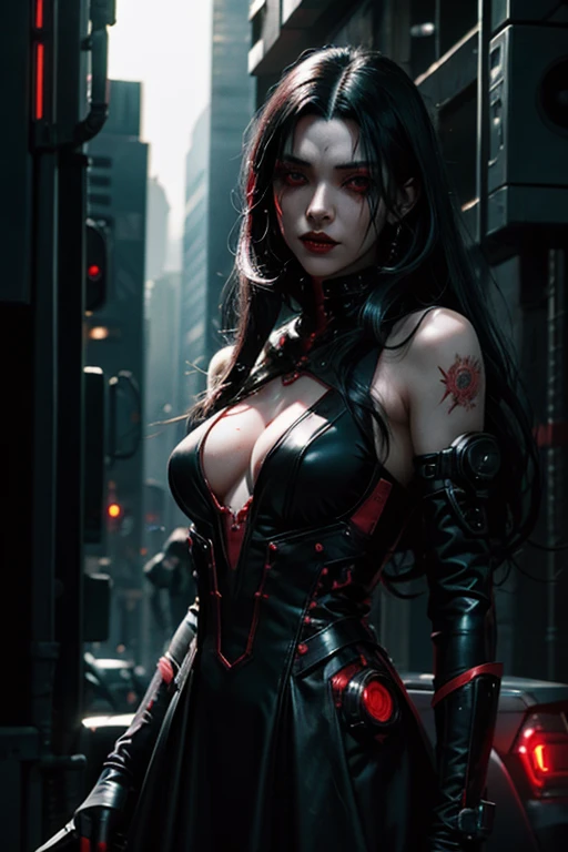 a cyberpunk style bloodcrazed vampire with long black hair using a red blooded dress with pale