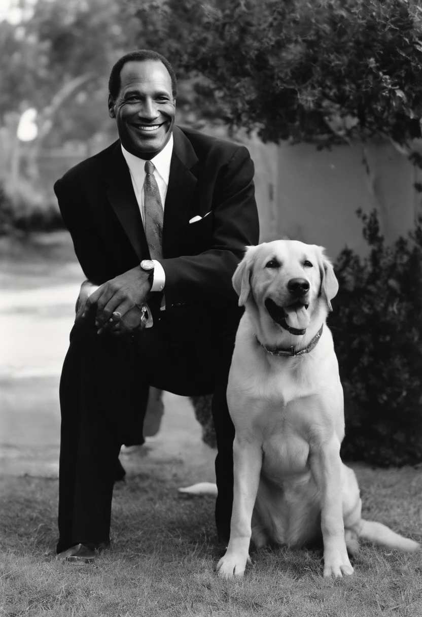 A photo of Simpson at a local animal shelter playing with rescue dogs,original,O.J. Simpson, “The Juice”, a former American football star, had a commanding athletic build, standing at 6’1” with a strong, muscular frame indicative of his years as a professional athlete. His charismatic smile and confident demeanor were recognizable features, making him a familiar and popular figure in the public eye. Simpson maintained a well-groomed appearance, often seen in tailored suits, reflecting his transition from sports to a career in entertainment.