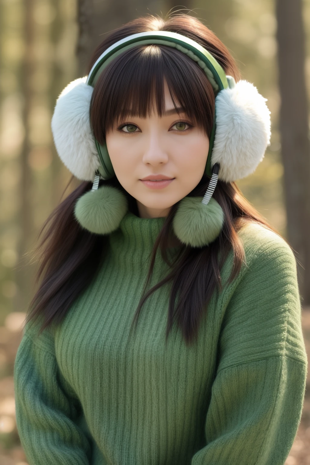masutepiece, close up head shot, Best Quality, ((outside the winter forest)), ((Oyuki)), Photorealism, Photorealistic, Wearing a break ((Green sweater)) and skinny jeans, furr ((Earmuffs)), break
Small breasts, makeup, Long straight hair, pale skin, Fair skin, White skin, BREAK