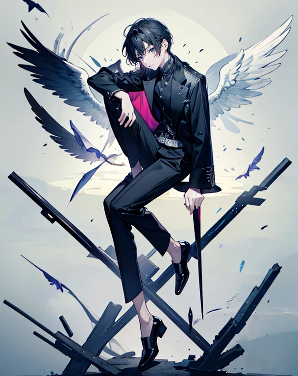 male angel sitting on rebar、full body Esbian、Embrace your broken wings、Fashionable、Dior、black three-quarter sleeve jacket、an legs、shoe、trouser,Plain clothe、Sit up、Stand on one knee